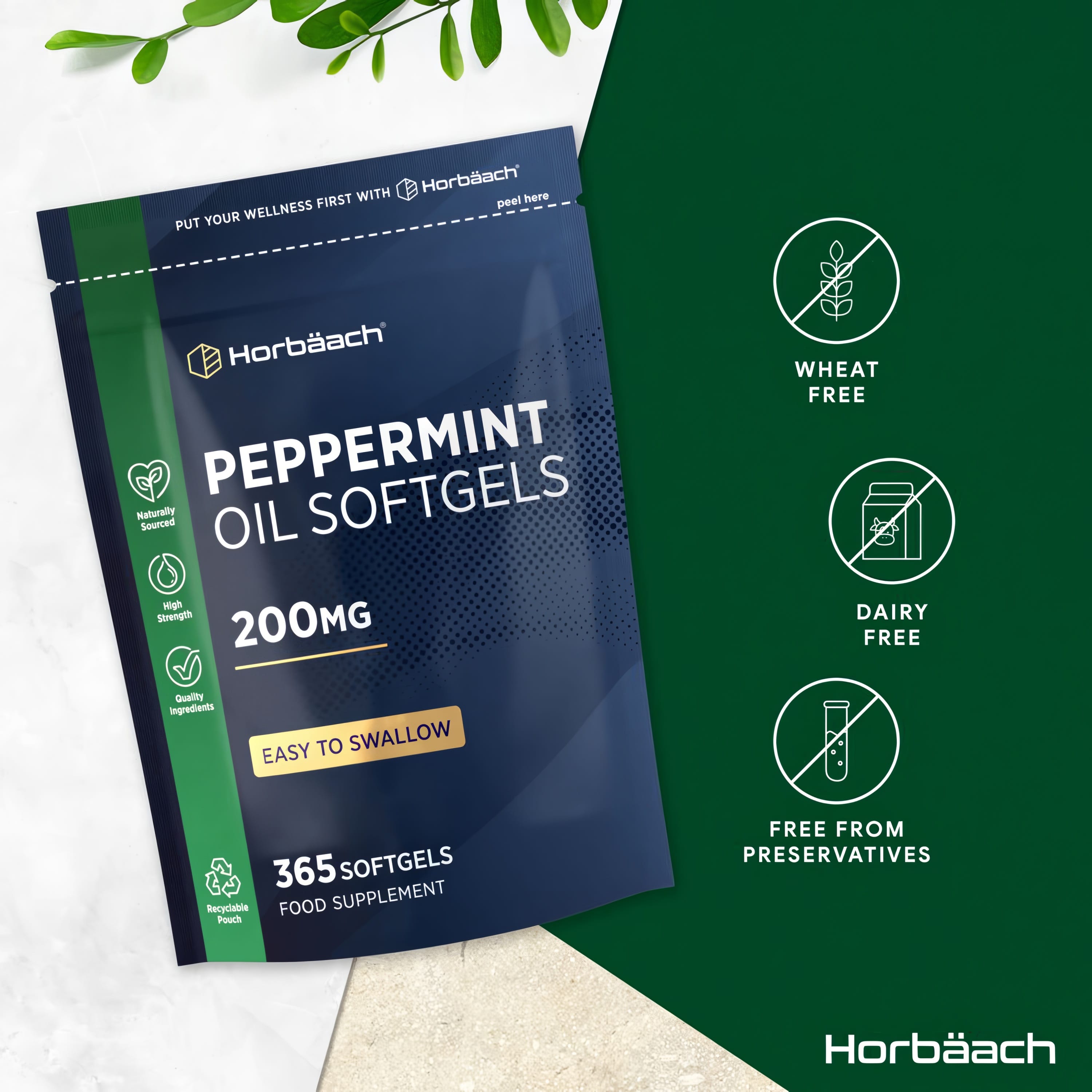 Peppermint Oil bottle with icons indicating wheat free, dairy free, and free from preservatives.