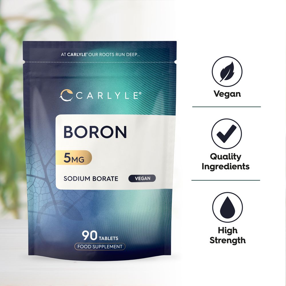 Carlyle Boron 5mg Sodium Borate in a pouch containing 90 vegan tablets as a food supplement.