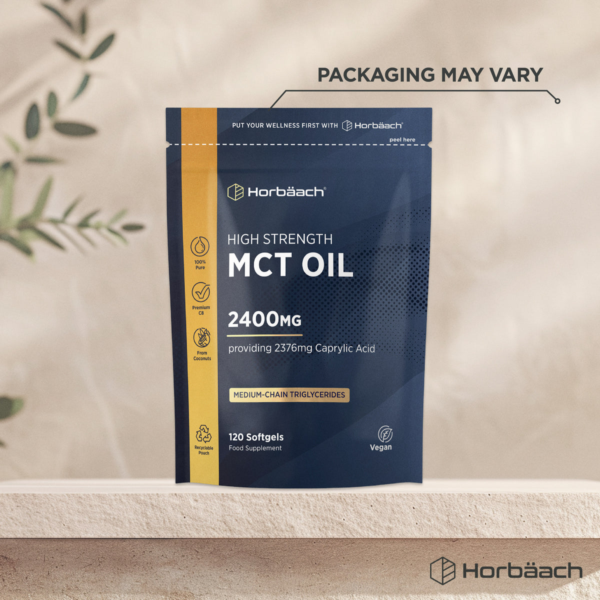 High Strength MCT Oil 2400mg with 2376mg Caprylic Acid in 120 vegan softgels, packaged in a recyclable pouch.