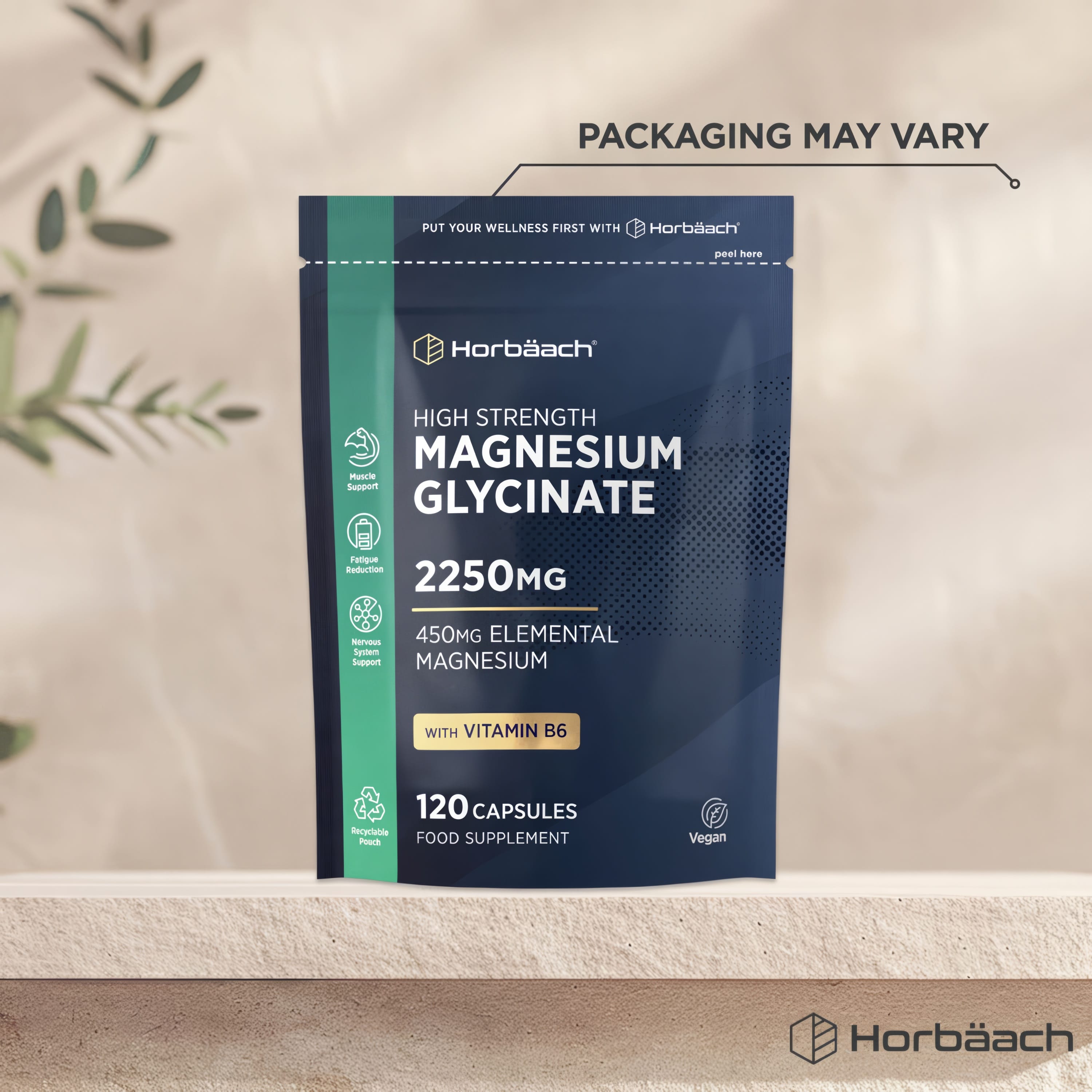 High Strength Magnesium Glycinate 2250mg with 450mg Elemental Magnesium and Vitamin B6, 120 Capsules, Food Supplement.