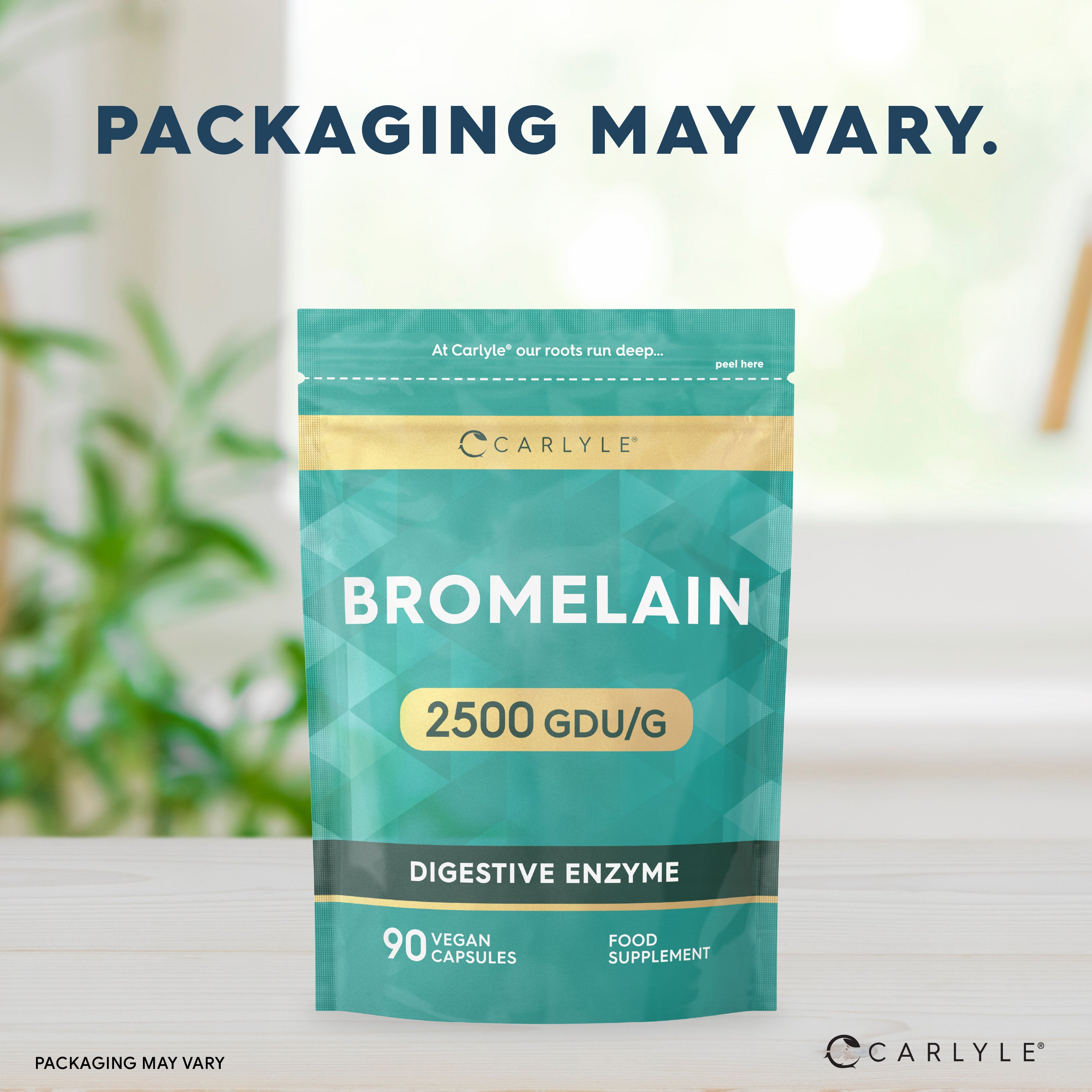 Bromelain 2500 GDU/G Digestive Enzyme, 90 vegan capsules in a food supplement pouch.