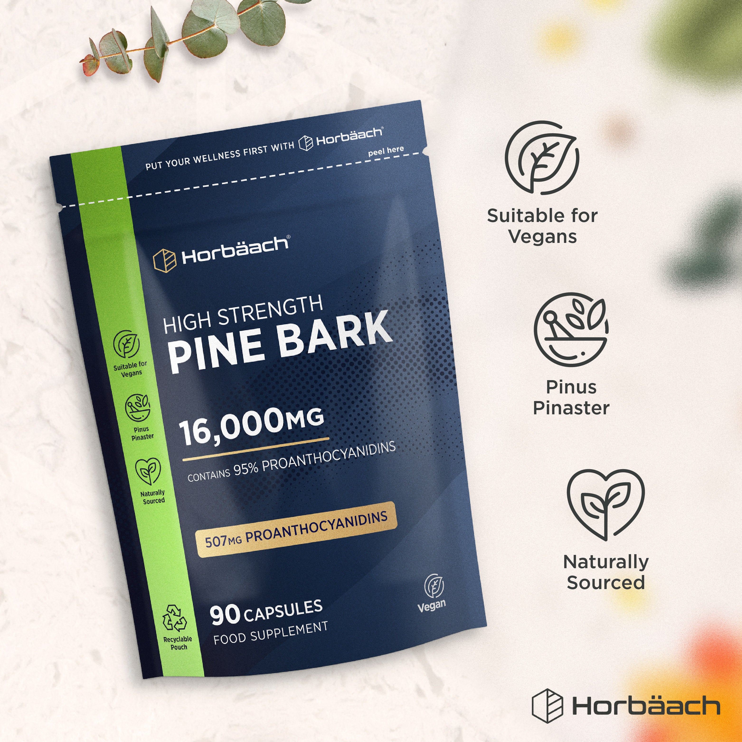 Horbäach High Strength Pine Bark 16,000MG food supplement, featuring 90 capsules in a recyclable pouch.