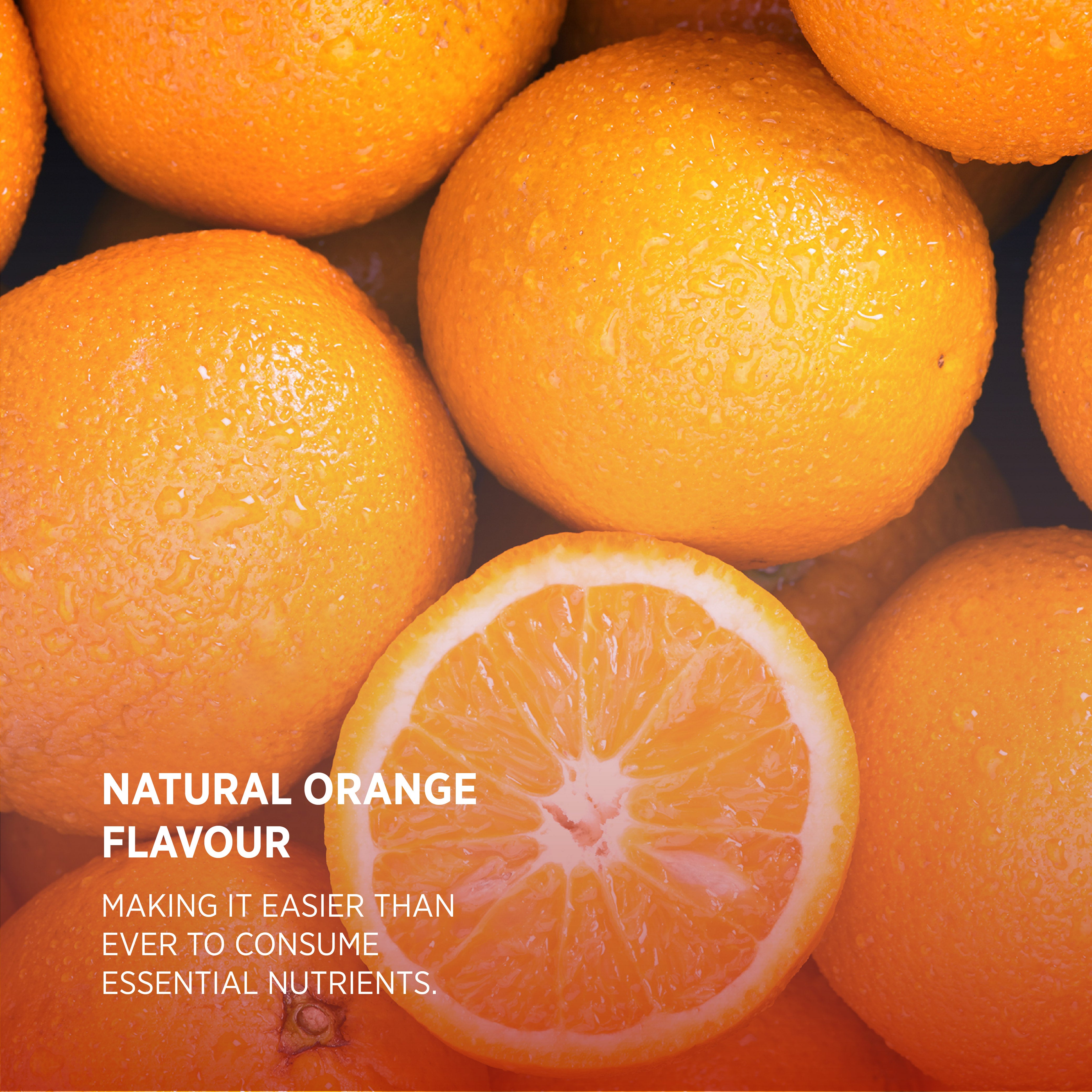 Whole and sliced oranges with droplets. Text: 'NATURAL ORANGE FLAVOUR. EASIER TO CONSUME ESSENTIAL NUTRIENTS.'