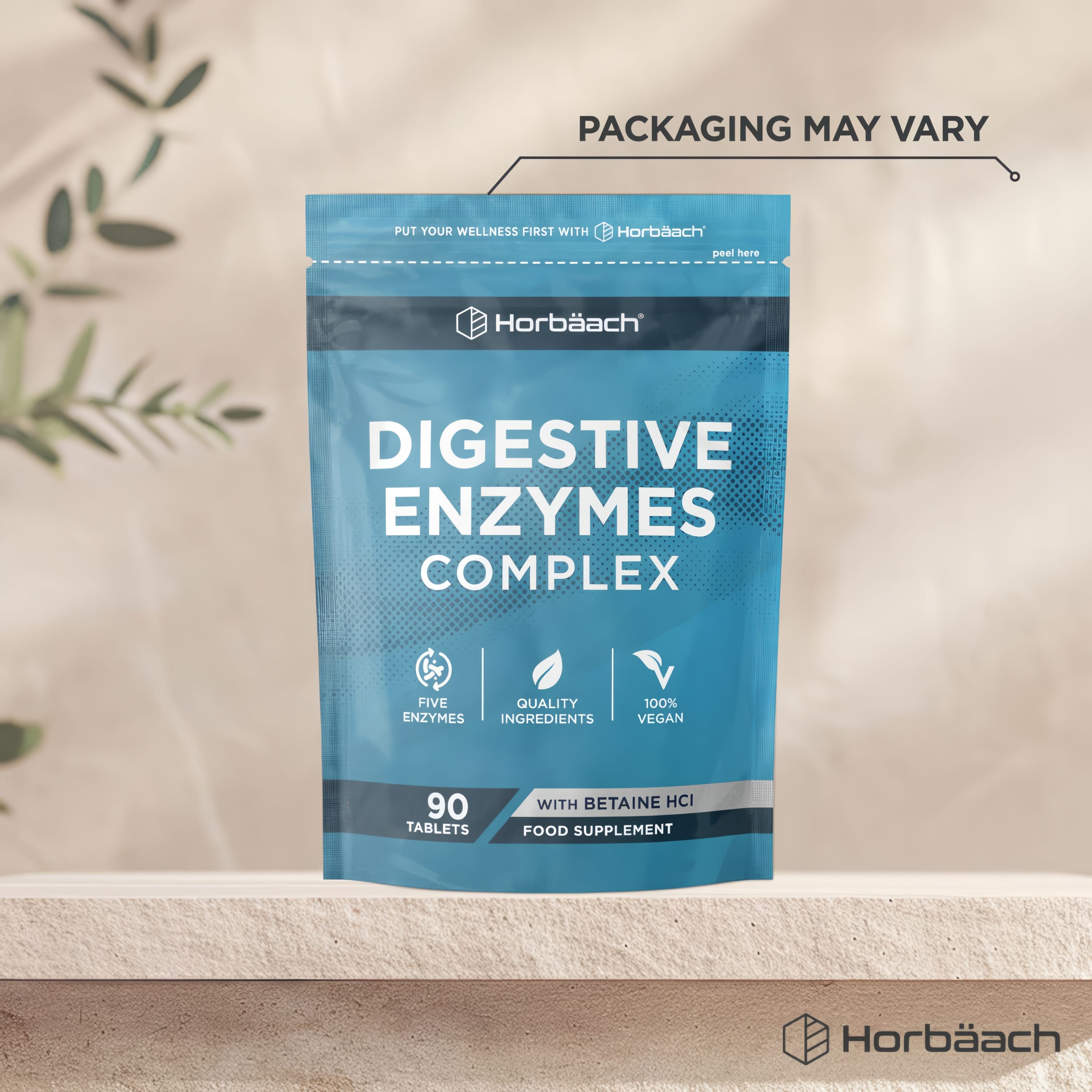 Digestive Enzymes Complex 90 Tablets with Betaine HCl and five enzymes, featuring quality ingredients, 100% vegan supplement.