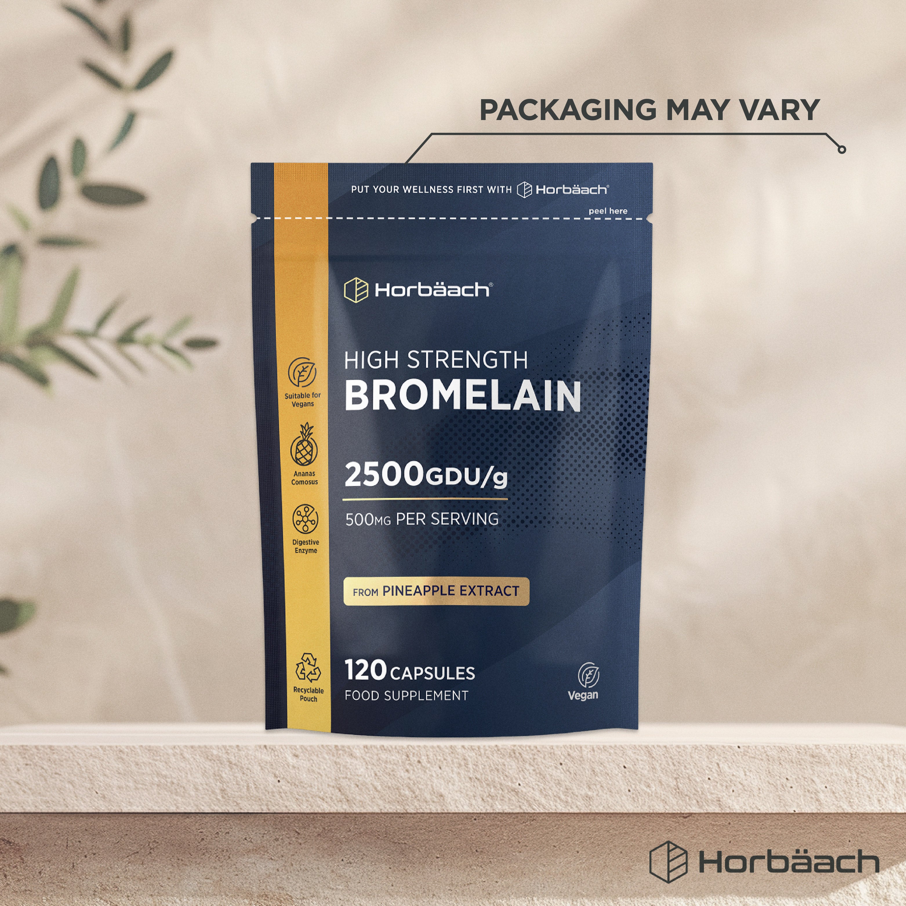 High Strength Bromelain 2500 GDU/g, 500mg per serving, from pineapple extract, 120 capsules. Vegan, recyclable pouch.
