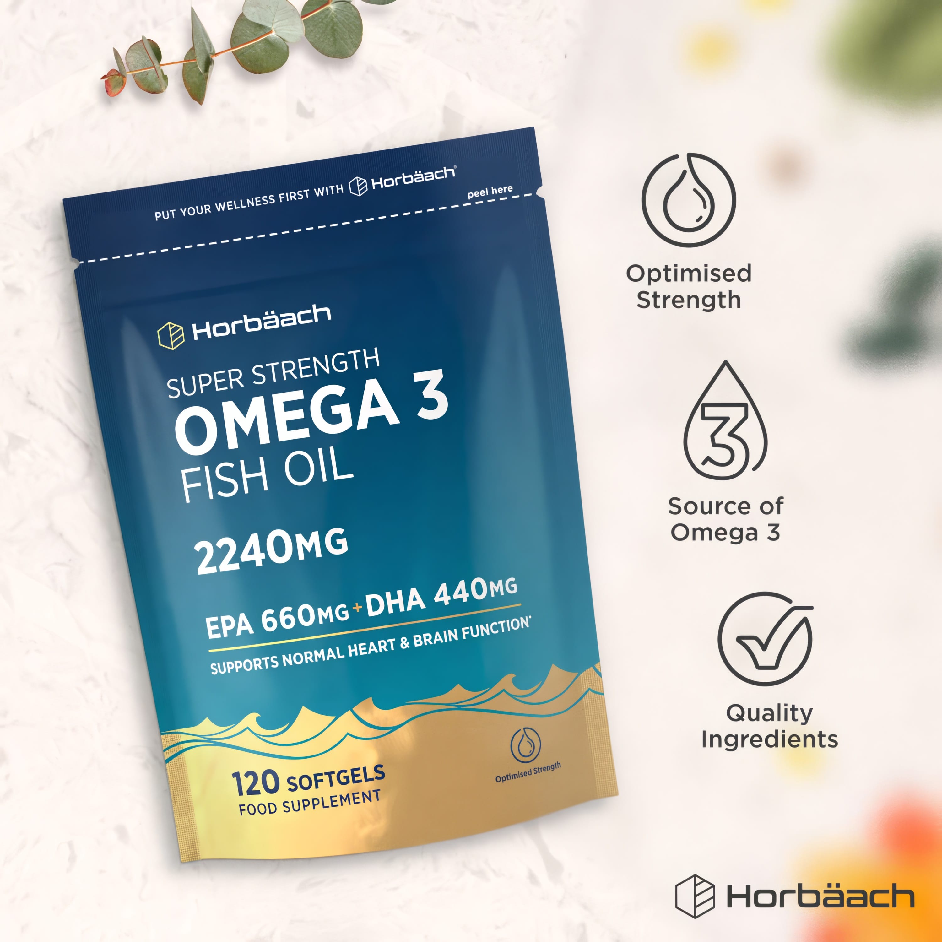 Horbäach Super Strength Omega 3 Fish Oil 2240mg supports heart and brain health, 120 softgels, EPA 660mg, DHA 440mg.