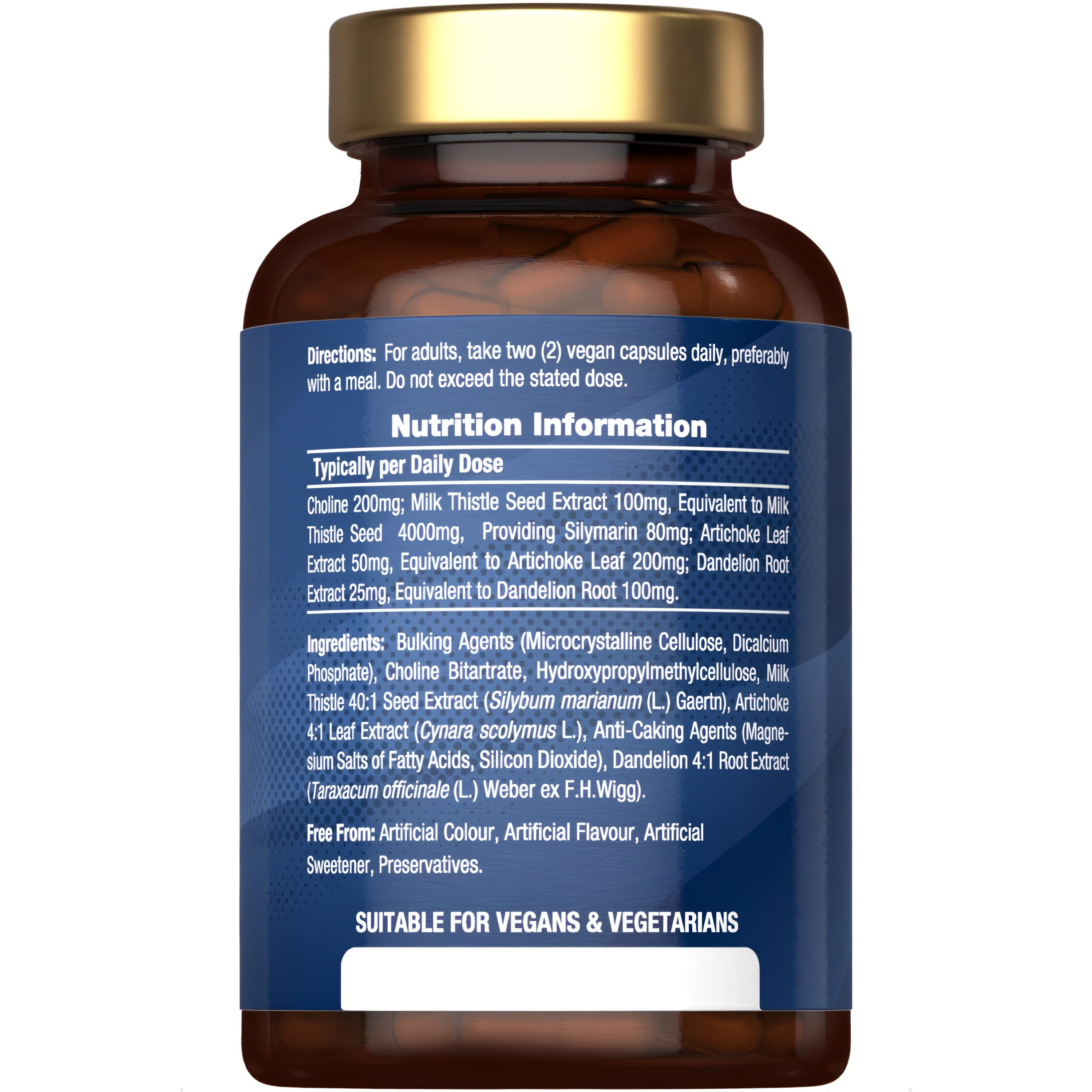 Back label of HU Milk Thistle Complex 120 Vegan Capsules, showing nutrition facts, ingredients, and vegan certification.