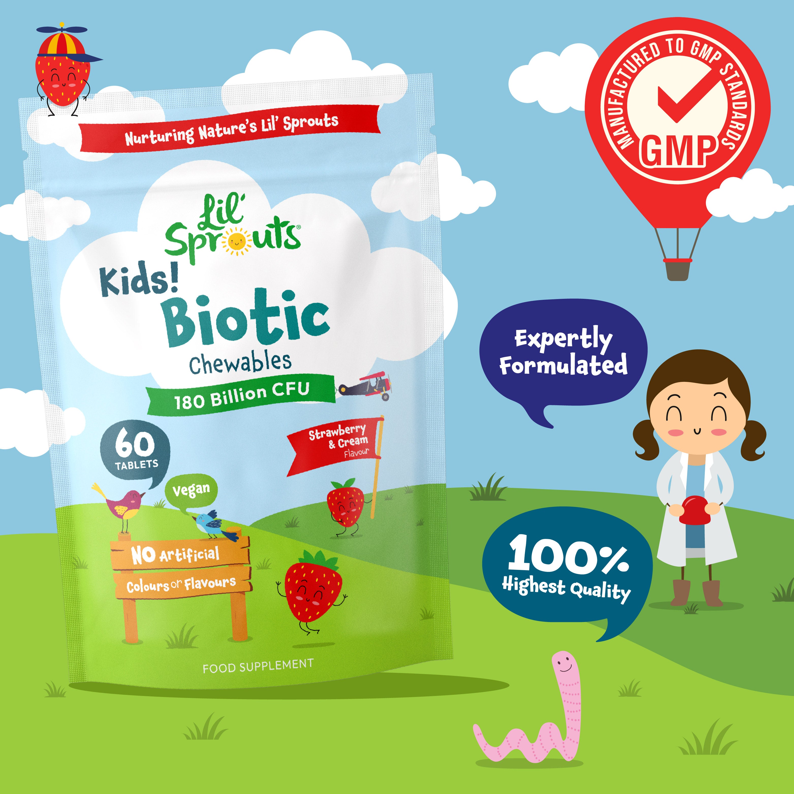 Lil' Sprouts Kids! Biotic Chewables, 60 vegan chewable tablets, strawberry and cream flavor.
