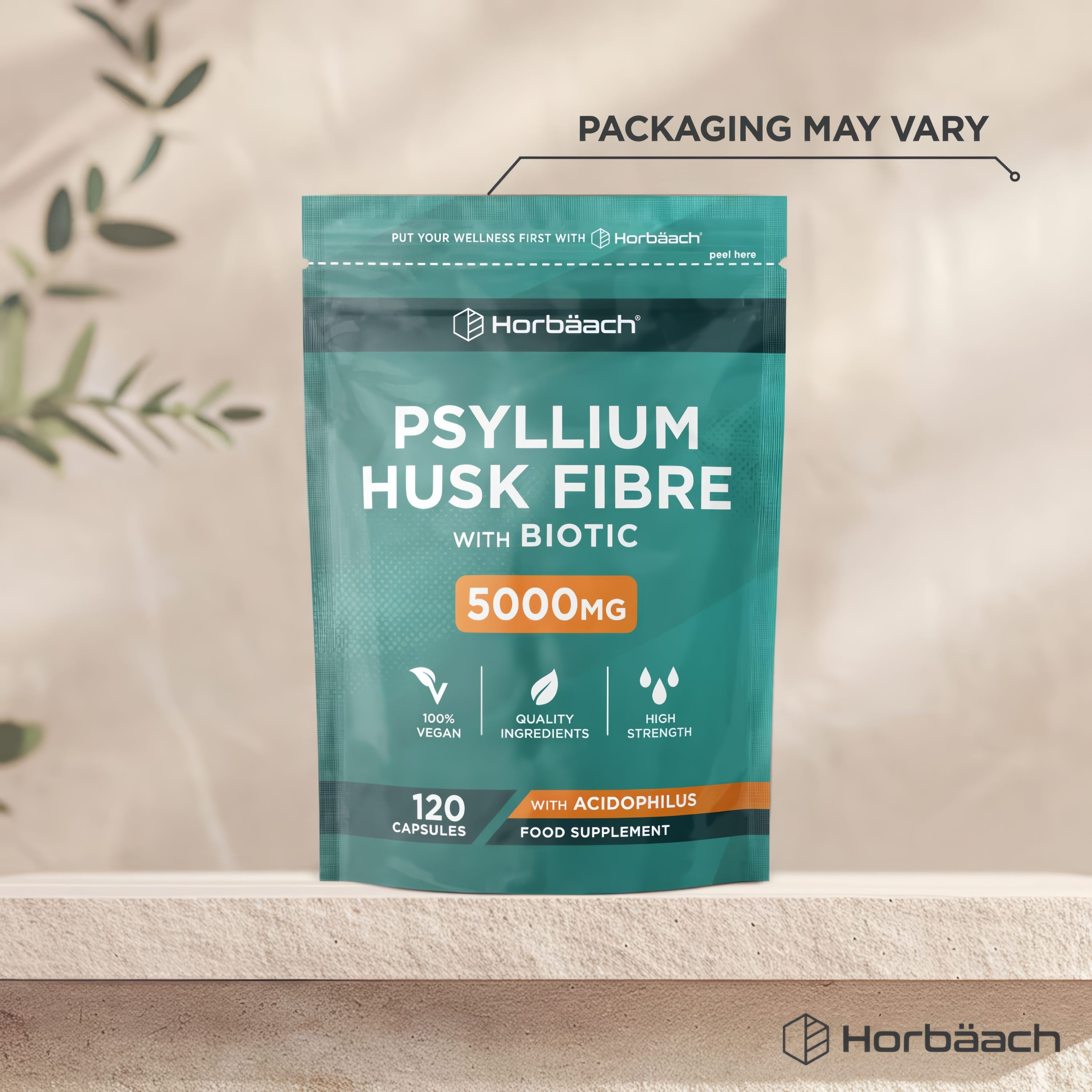 Psyllium Husk Fibre with Biotic 5000MG, 120 capsules featuring Acidophilus, is 100% vegan and high strength.