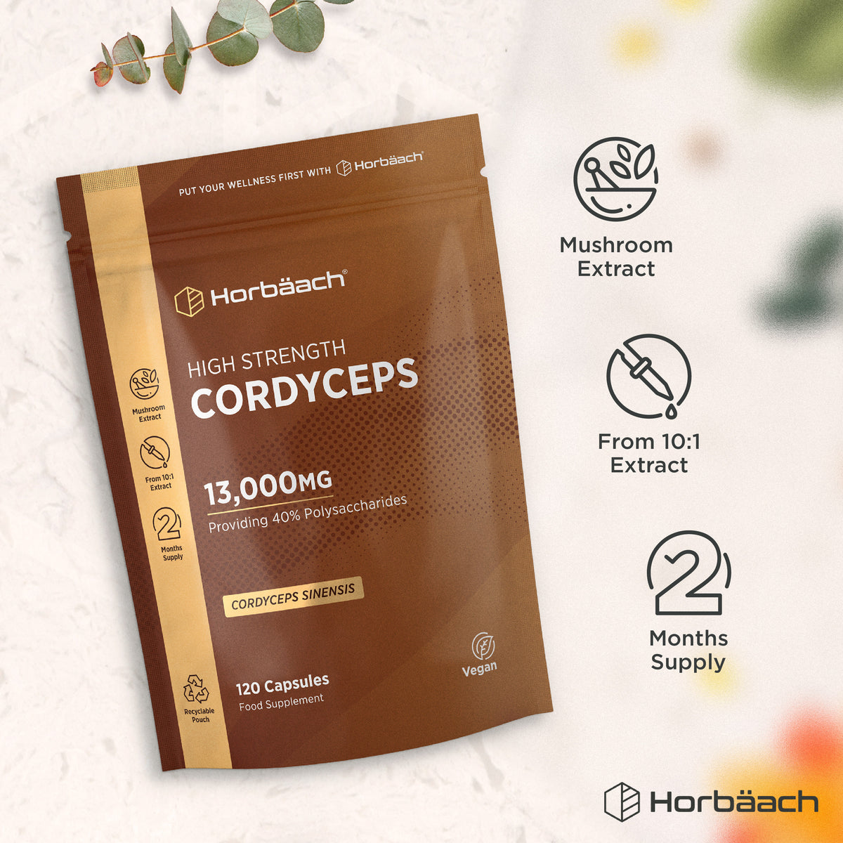 Cordyceps Sinensis 13,000mg with 40% Polysaccharides, 120 Vegan Capsules, 2 Months Supply, in a recyclable pouch.
