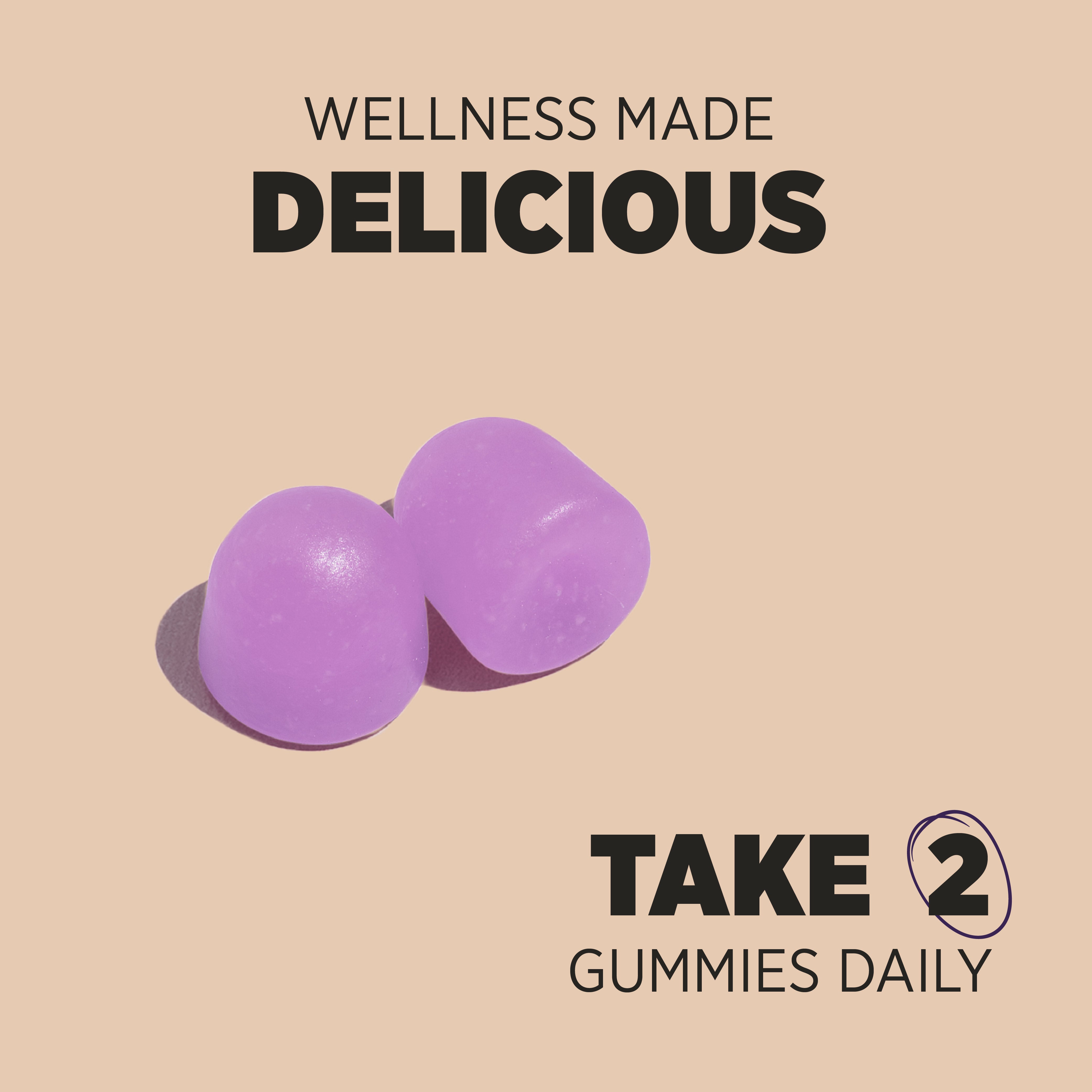 Magnesium for Teens 60 Vegan Gummies with two purple gummies. Text reads: 'WELLNESS MADE DELICIOUS', 'TAKE 2 GUMMIES DAILY'.