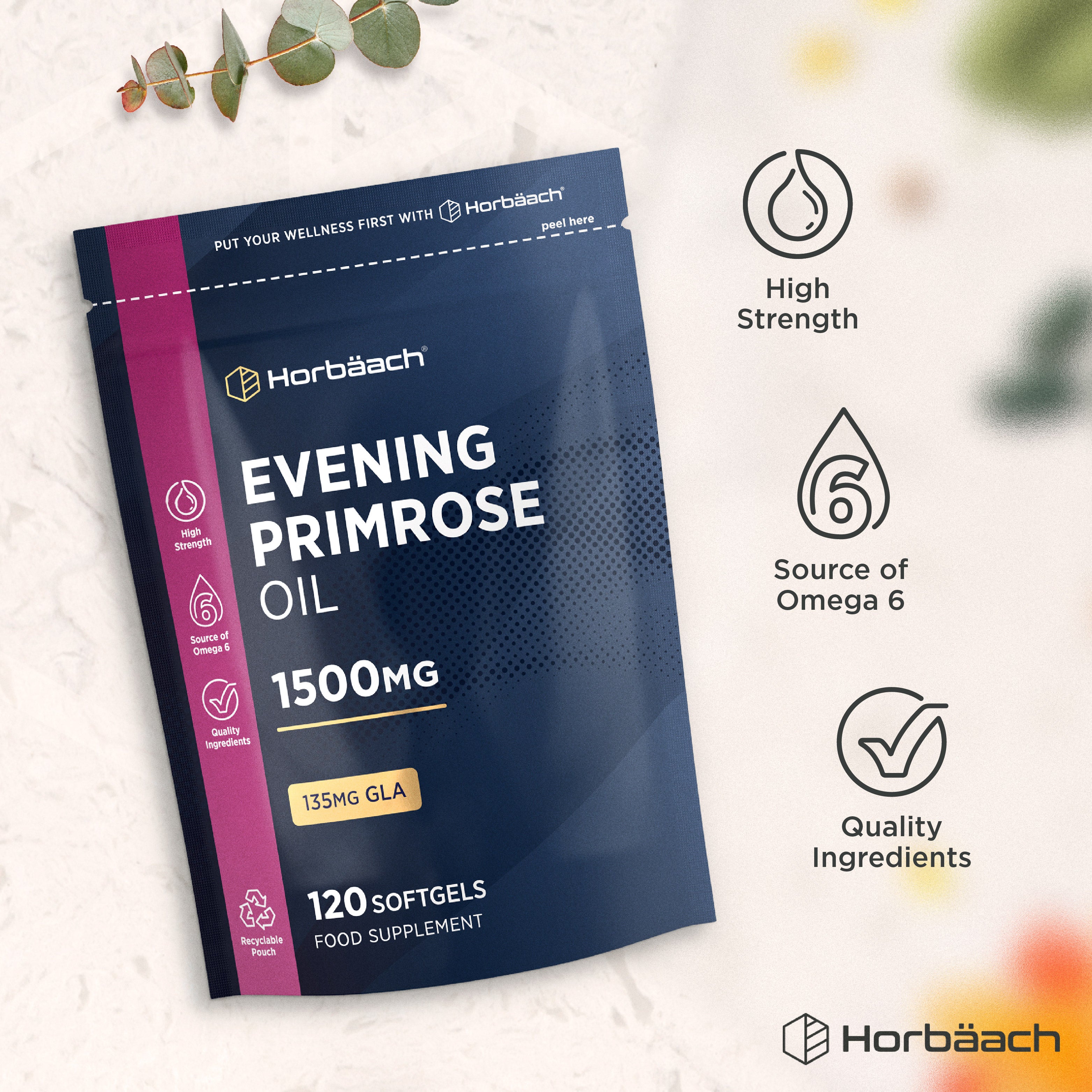 Horbäach Evening Primrose Oil 1500mg, 135mg GLA, 120 Softgels. High Strength; Source of Omega 6 food supplement.