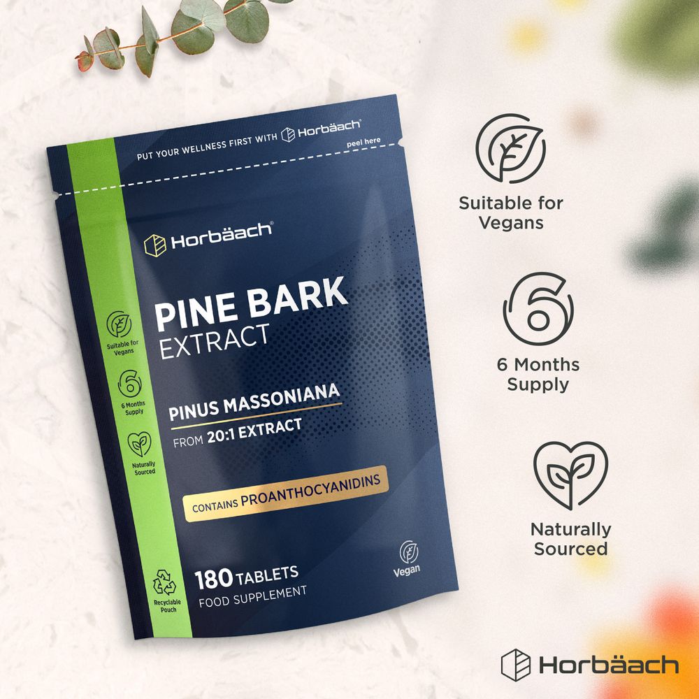 A bulk pack of Pine Bark Extract featuring 180 vegan tablets.