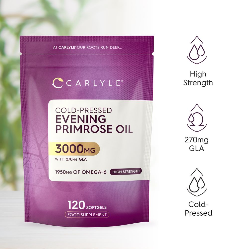 Cold-Pressed Evening Primrose Oil 3000mg with 270mg GLA and 1950mg Omega-6, available in 120 softgels.