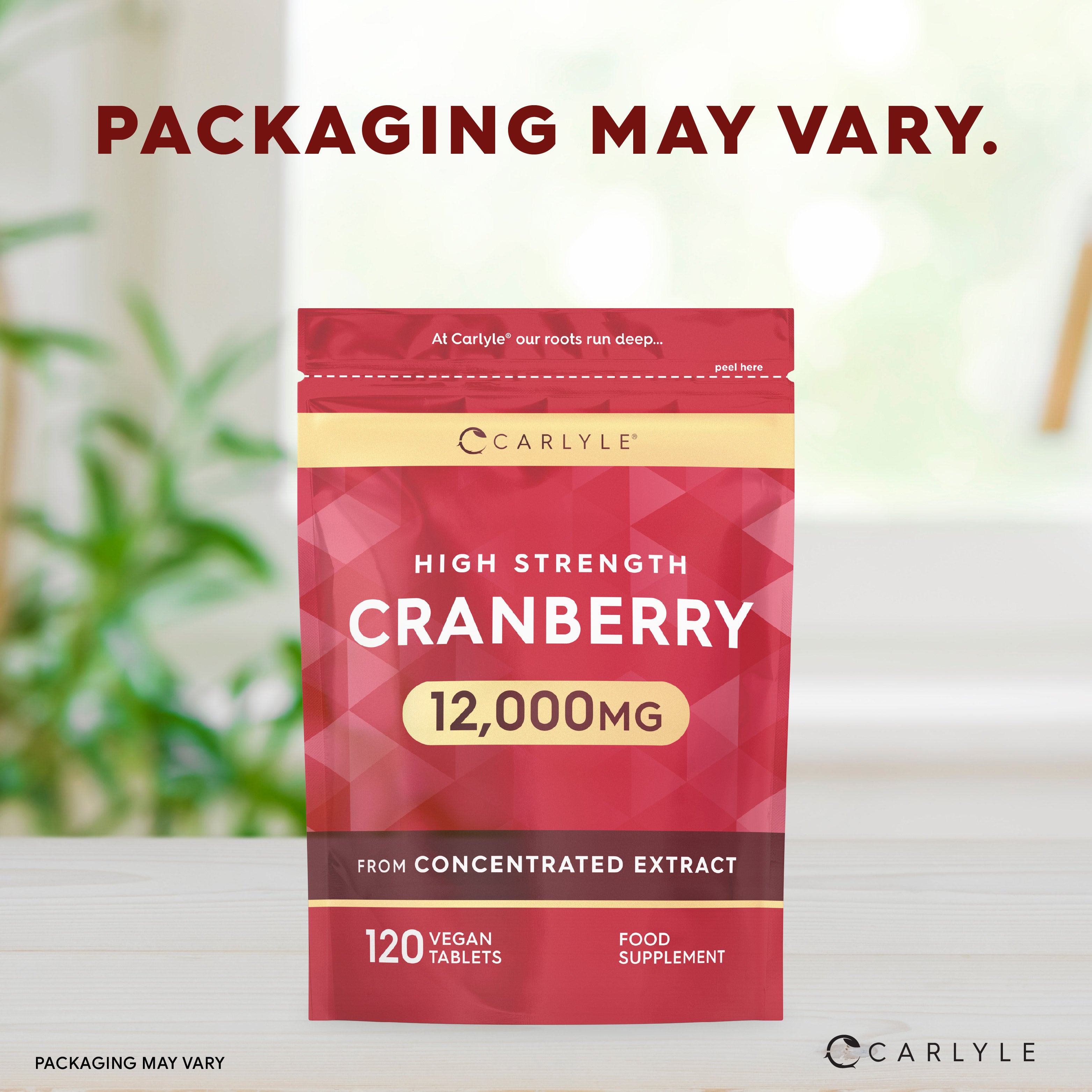 A bottle of High Strength Cranberry 12,000mg with 120 vegan tablets, a food supplement for health benefits.