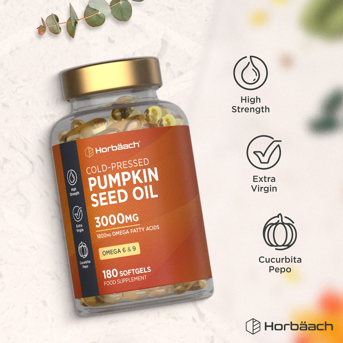 Horbäach Cold-Pressed Pumpkin Seed Oil 3000mg, 180 softgels. High strength, extra virgin, Cucurbita Pepo.