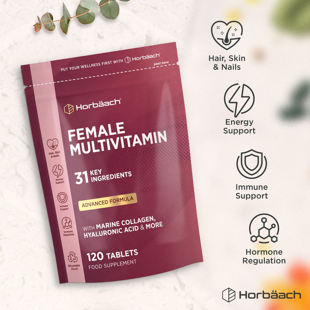 Female Multivitamin, Advanced Formula with Marine Collagen and Hyaluronic Acid, 120 Tablets Food Supplement.