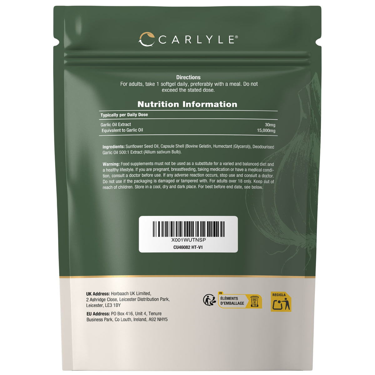 CU Odourless Garlic Pearls 365 Softgels pouch. Contains 30mg Garlic Oil Extract, equal to 15,000mg Garlic Oil.