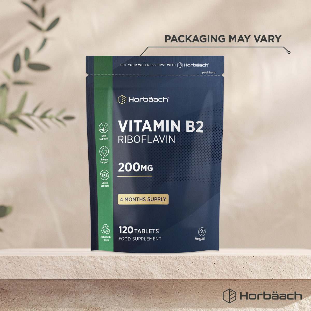 Vitamin B2 Riboflavin 200mg, 120 vegan tablets, bottle label.