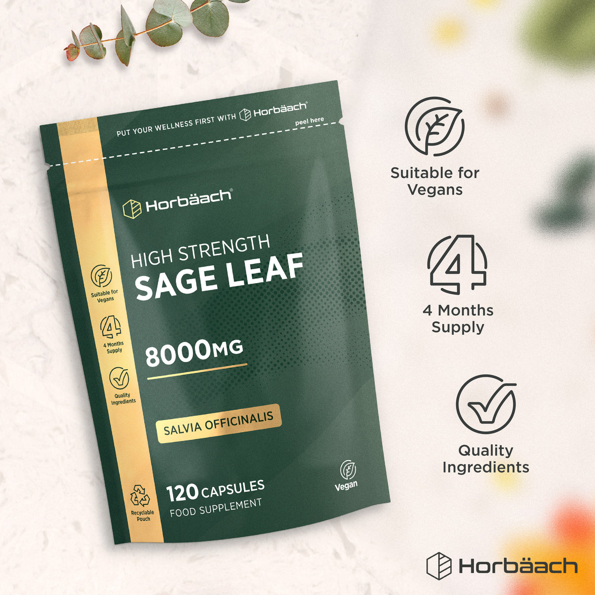 High Strength Sage Leaf 8000mg supplement with Salvia Officinalis, 120 vegan capsules for 4 months supply.