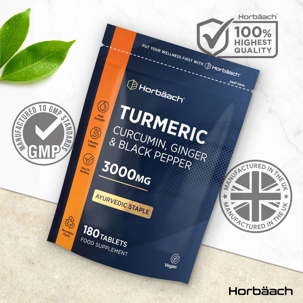 Vegan food supplement with Turmeric Curcumin, Ginger, and Black Pepper 3000MG, 180 tablets.
