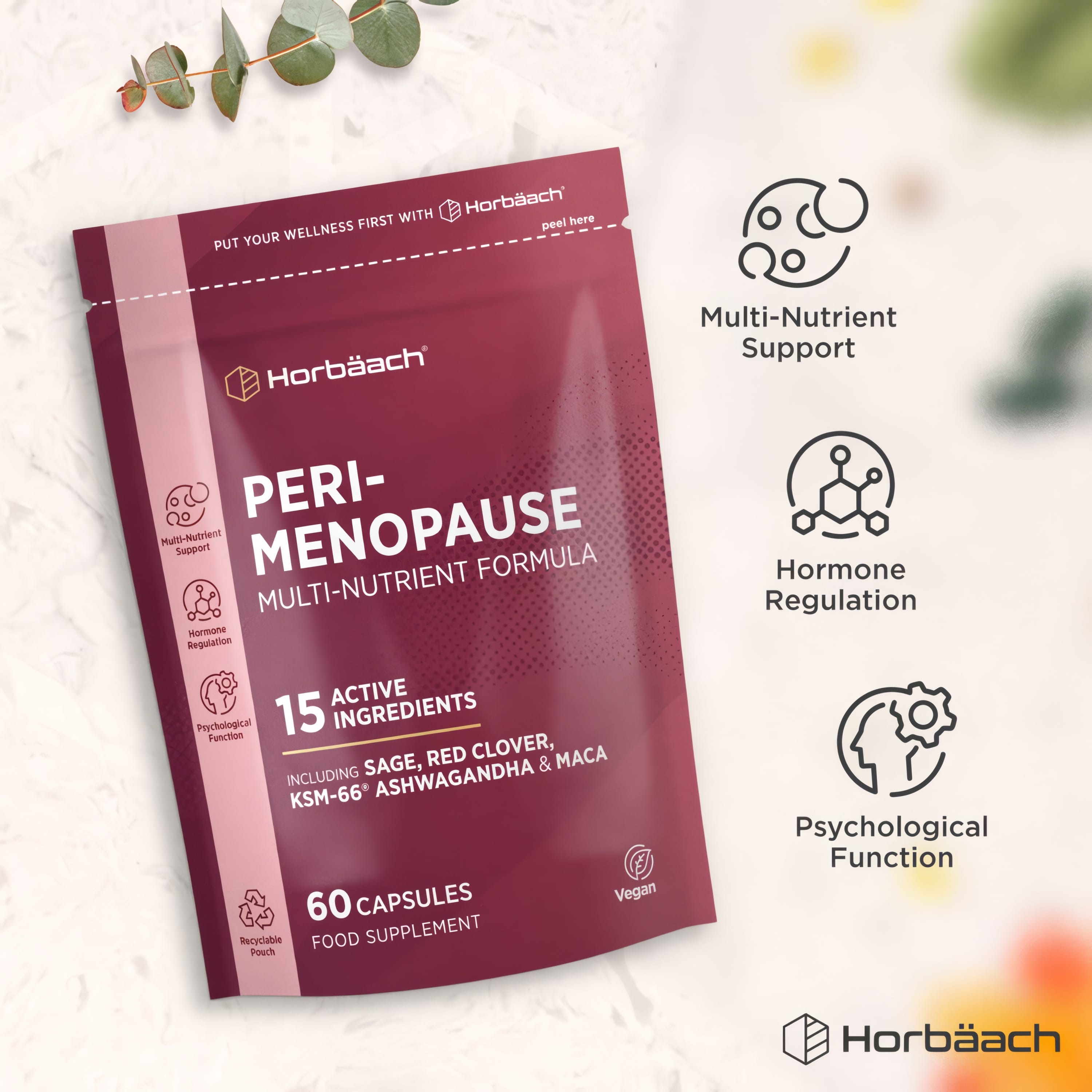 Product highlights graphic stating Multi-Nutrient Support, Hormone Regulation, and Psychological Function benefits.
