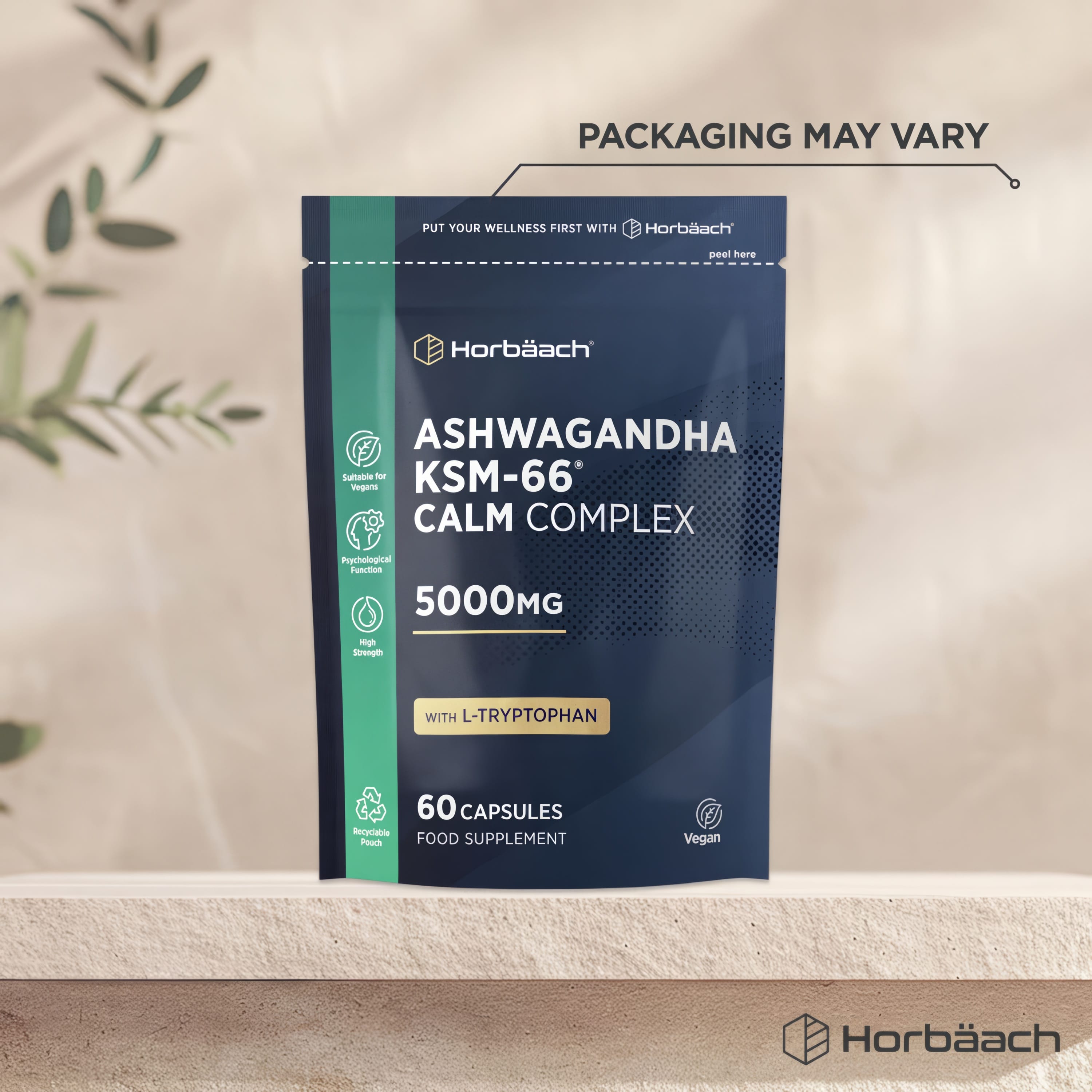 Horbäach Ashwagandha KSM-66 Calm Complex 5000MG with L-Tryptophan, 60 vegan capsules, as food supplement.