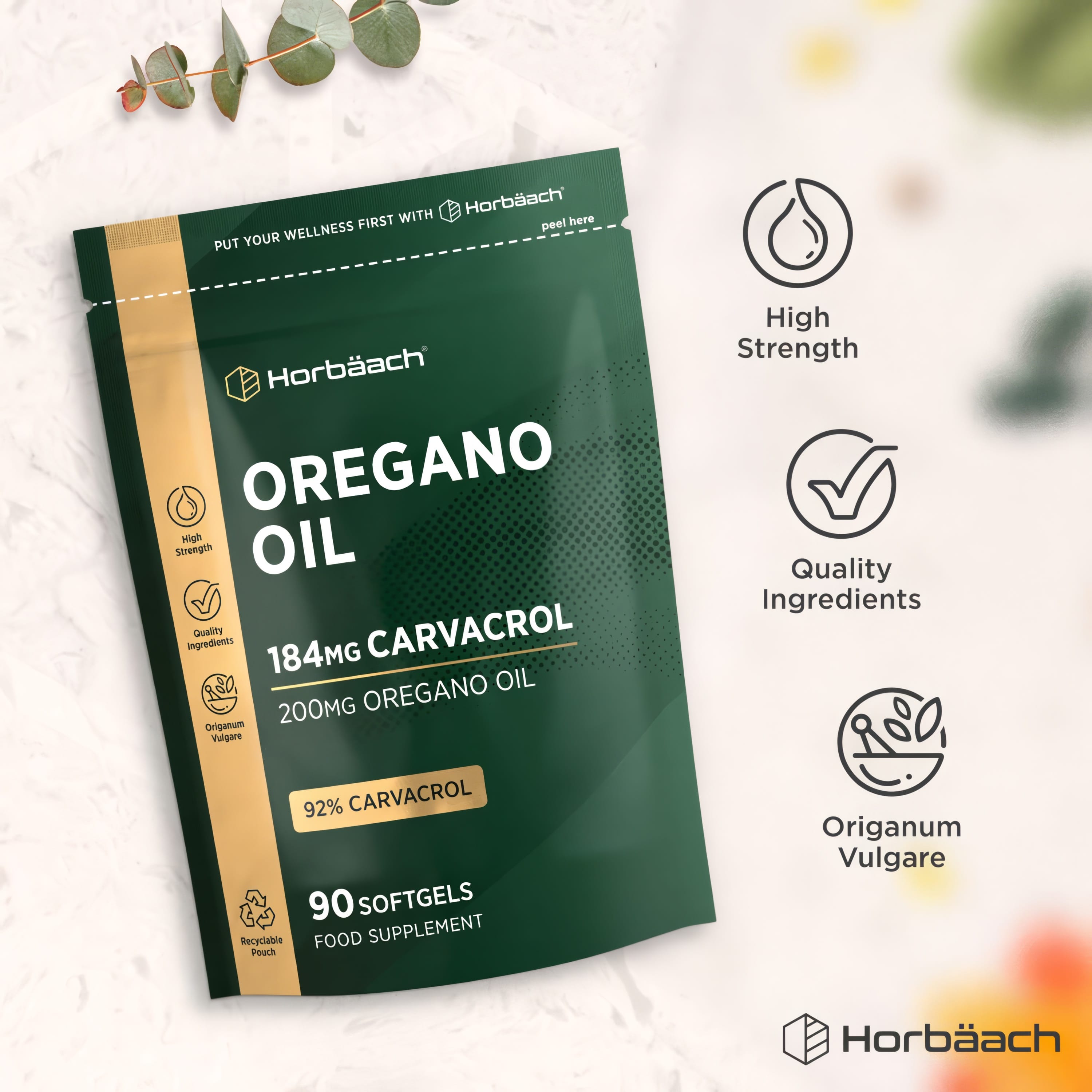 Oregano Oil 200mg, 92% Carvacrol, 90 Softgels. High strength food supplement, Origanum Vulgare, in recyclable packaging.