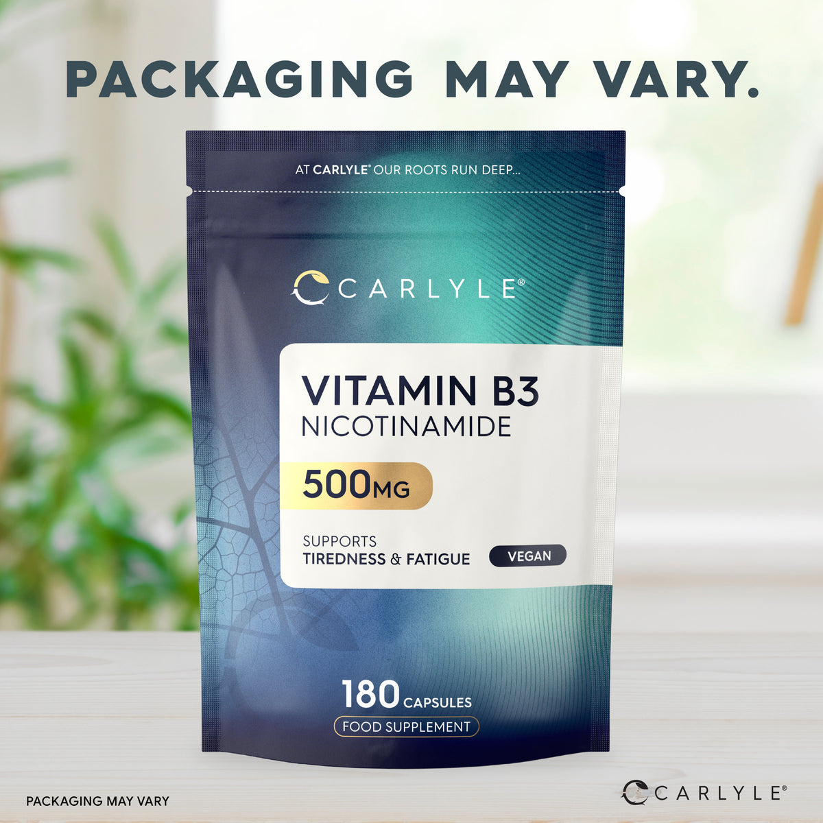 Vitamin B3 Nicotinamide 500 MG, 180 capsules in a pouch. Supports tiredness and fatigue. Vegan food supplement.