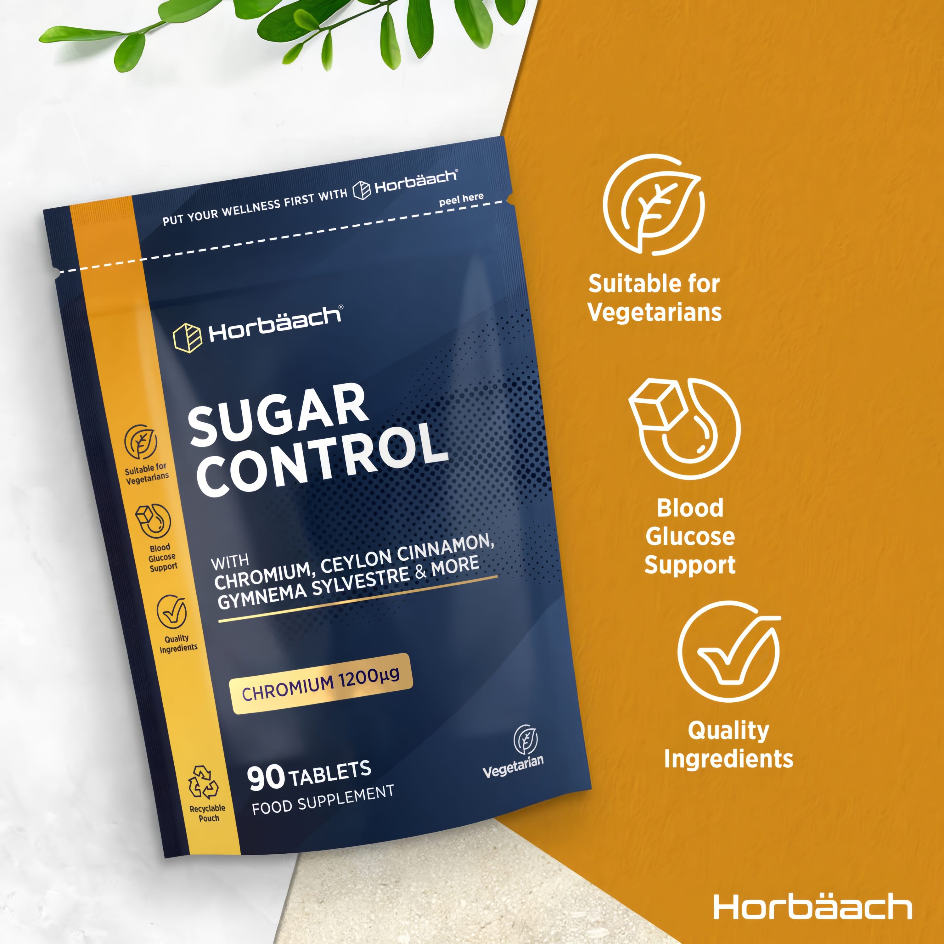 Blood Sugar Support Supplement | 90 Tablets | with Chromium, Ceylon Cinnamon Extract & Gymnema Extract | Suitable for Vegetarians | by Horbaach