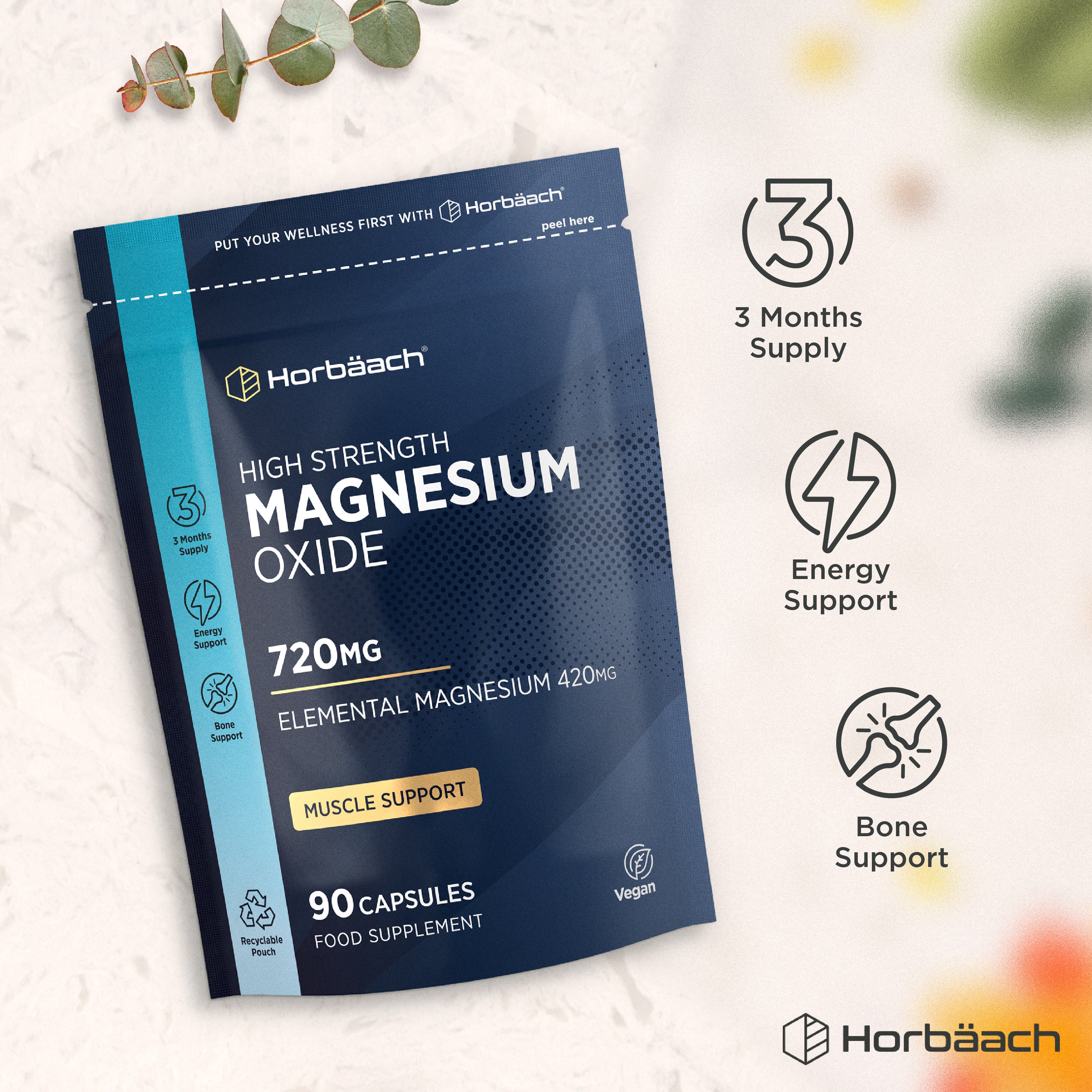 Horbäach Magnesium Oxide 720mg (420mg Elemental) in 90 vegan capsules for 3 months of energy, bone, and muscle support.