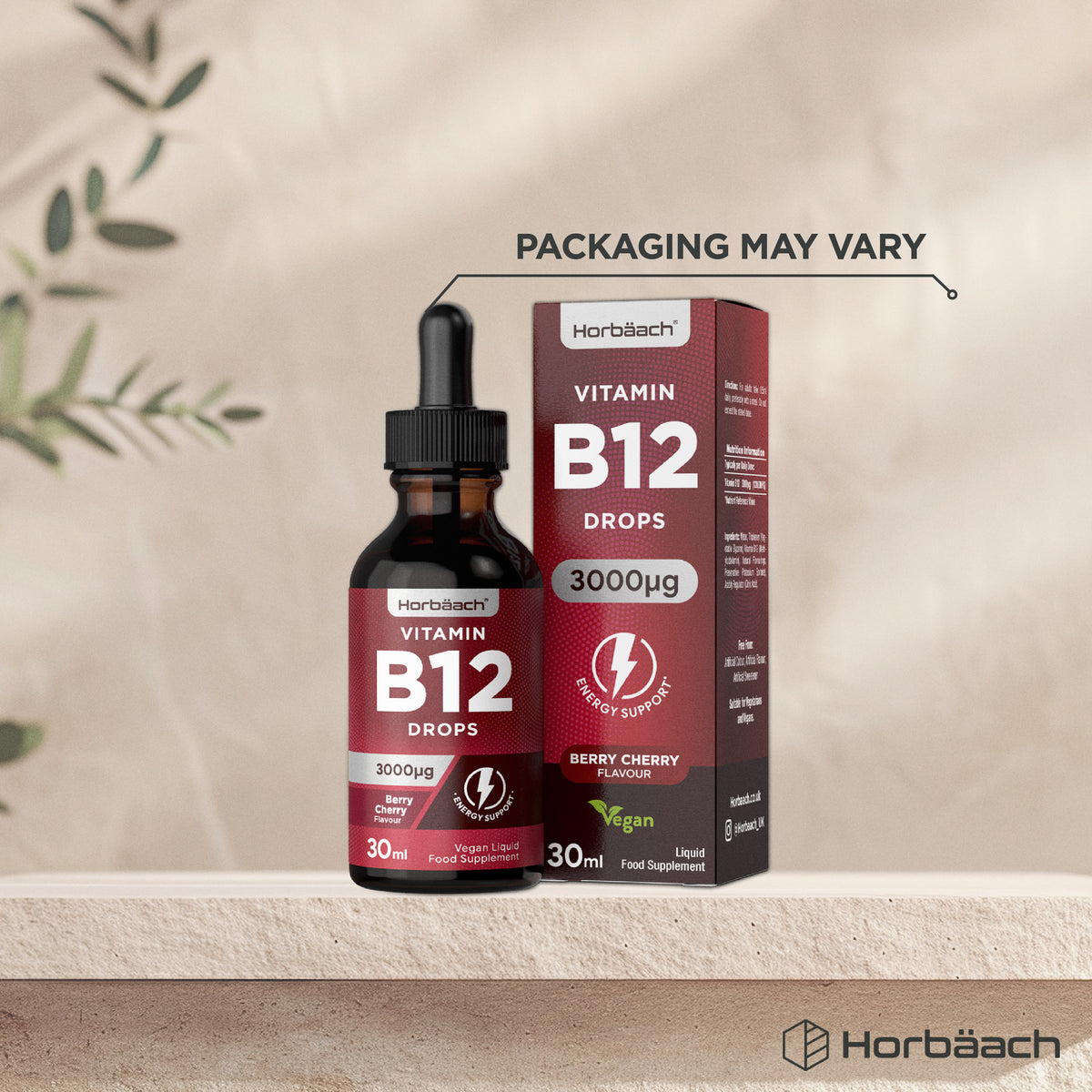 Vitamin B-12 Drops 3000ug, 30ml Liquid, Berry Cherry Flavour for energy support, vegan-friendly food supplement bottle.