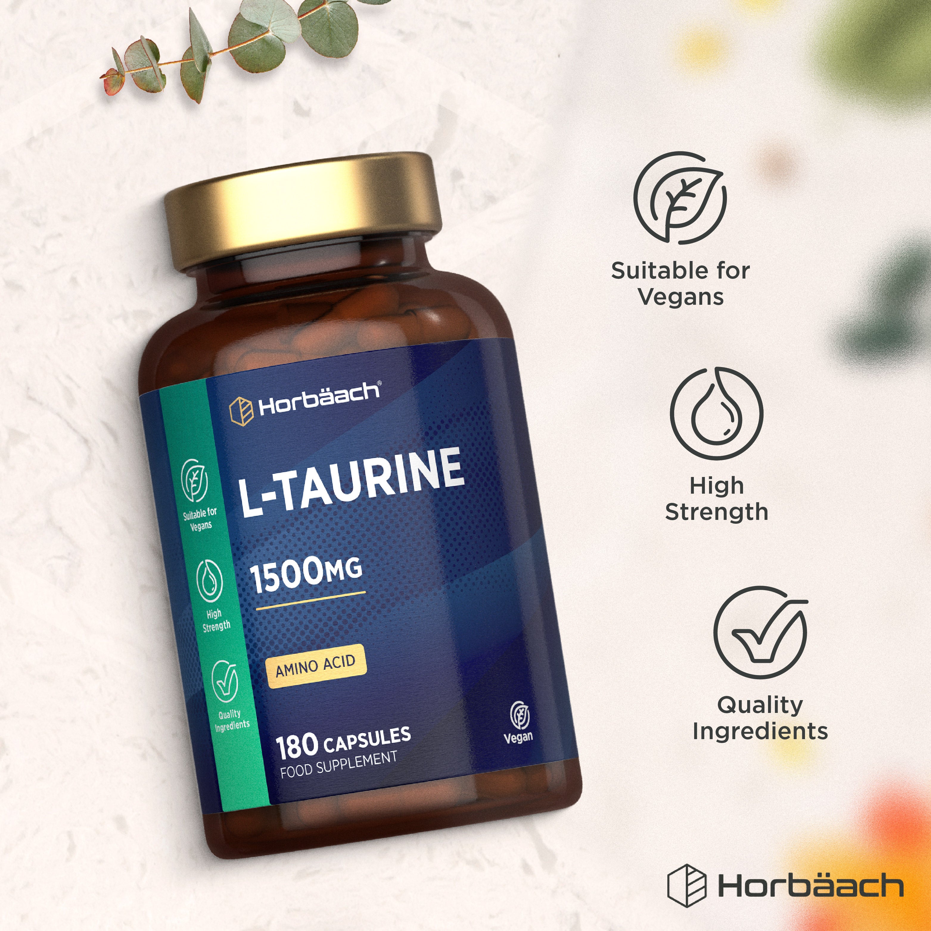 L-Taurine bottle with icons indicating suitability for vegans, high strength, and quality ingredients. Infographic layout.