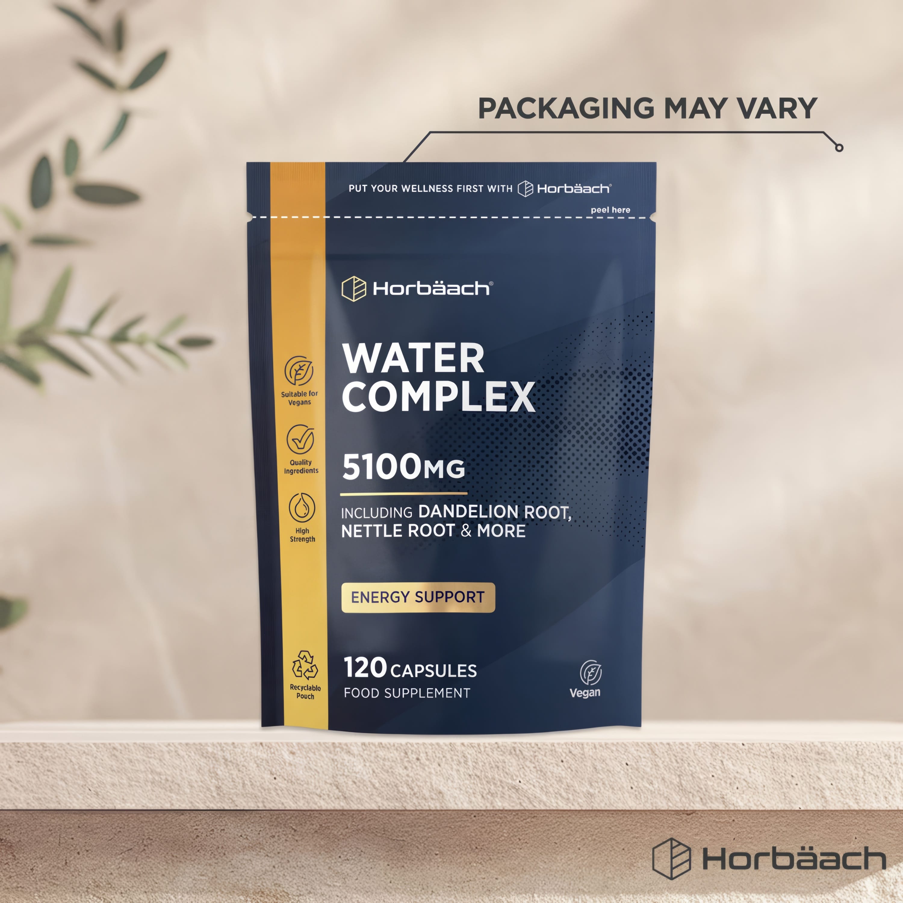 Horbäach Water Complex 5100MG supplement with 120 vegan capsules, includes Dandelion Root, Nettle Root, and more.