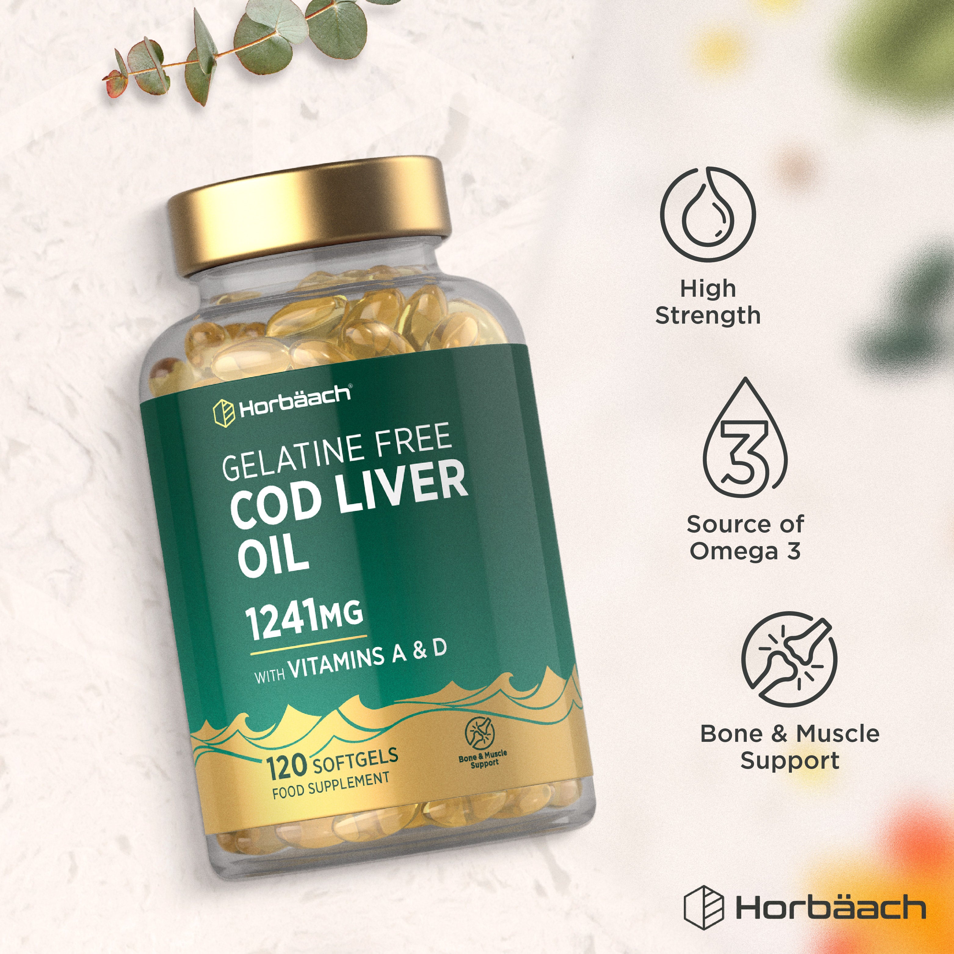 HU Cod Liver Oil 1241mg Gelatine Free with Vitamins A & D, 120 softgels in a bottle.