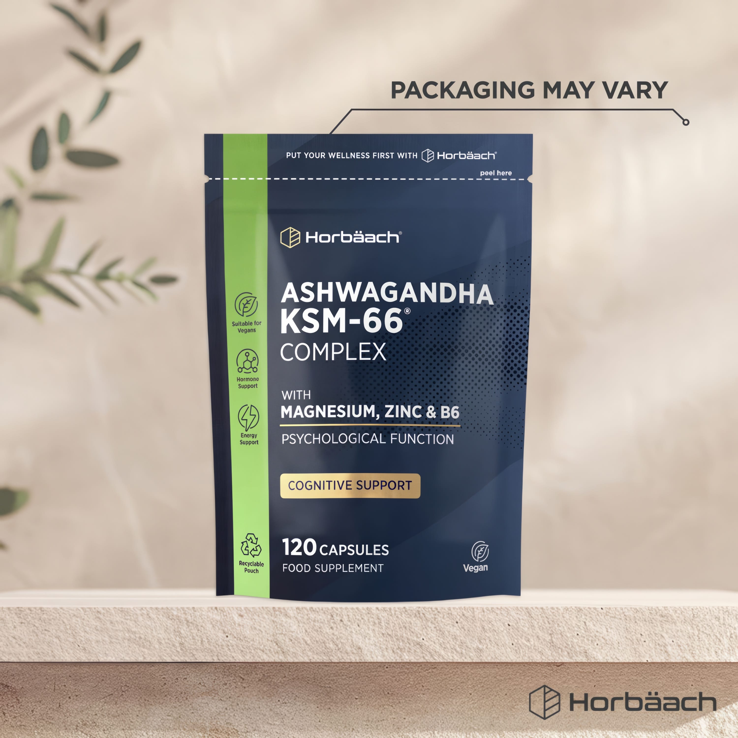 Horbäach Ashwagandha KSM-66 Complex with Magnesium, Zinc & B6, 120 Vegan Capsules in a recyclable pouch.