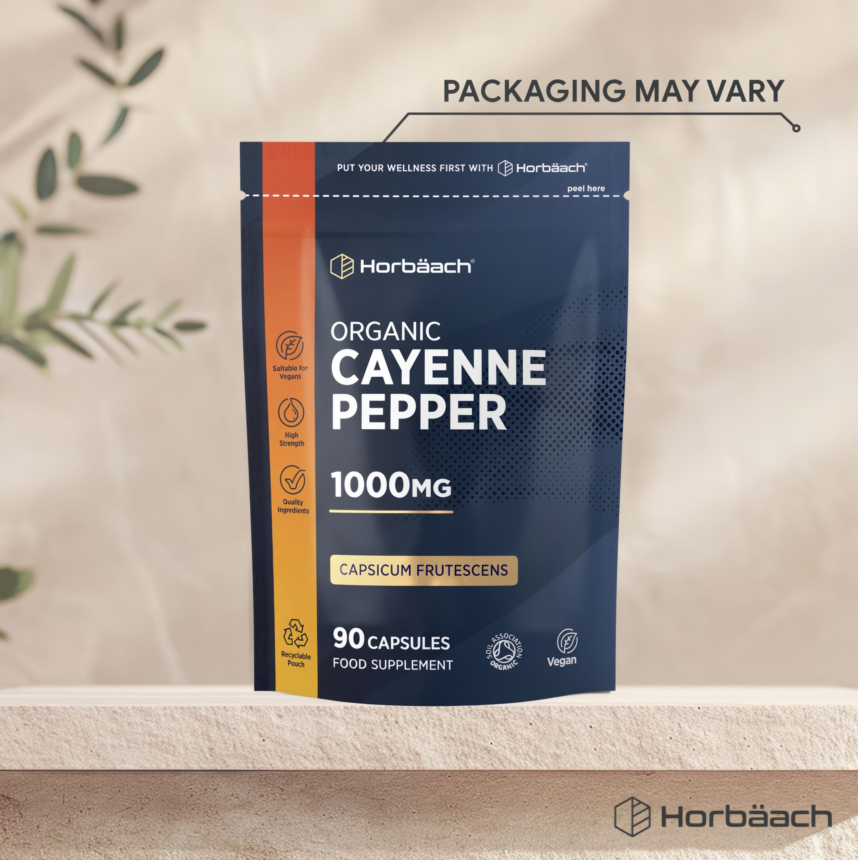 Organic Cayenne Pepper 1000MG supplement with 90 vegan capsules, offering high strength and quality ingredients.