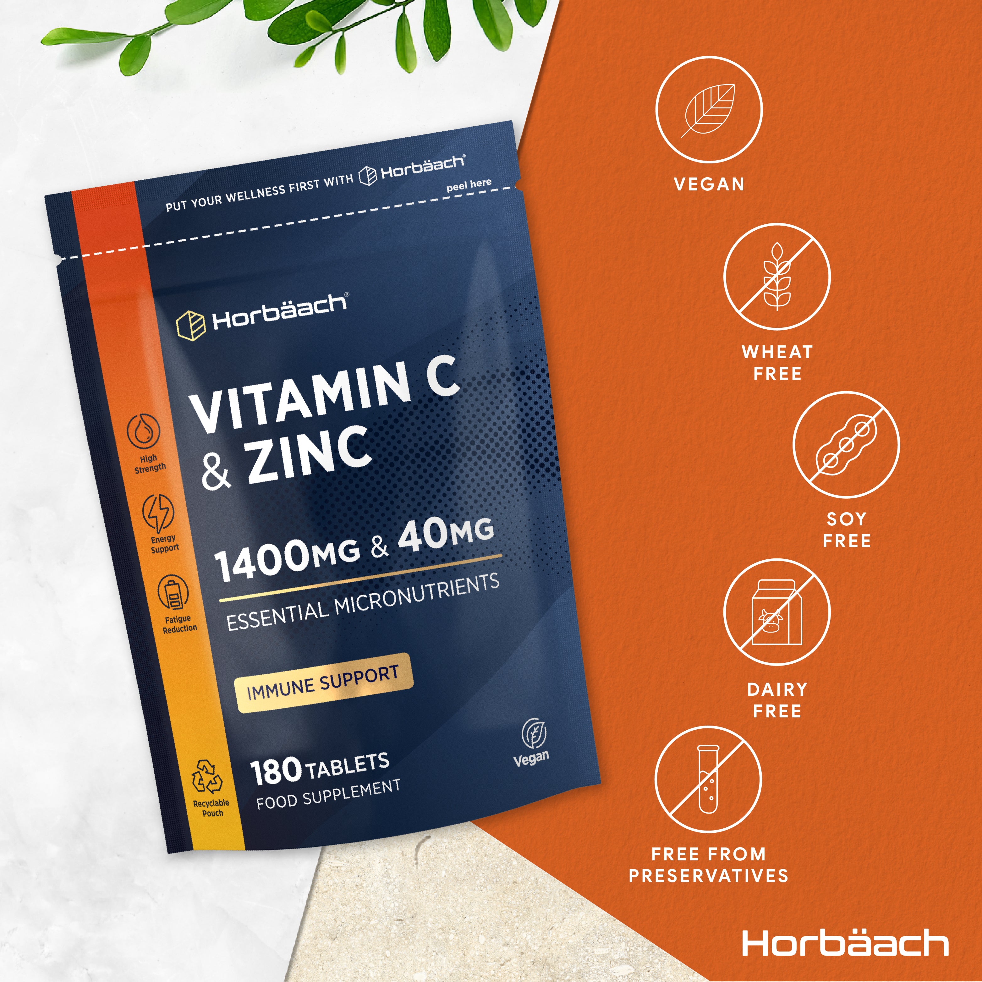 Vitamin C & Zinc pouch: Vegan, Wheat Free, Soy Free, Dairy Free, Preservative Free supplement benefits.