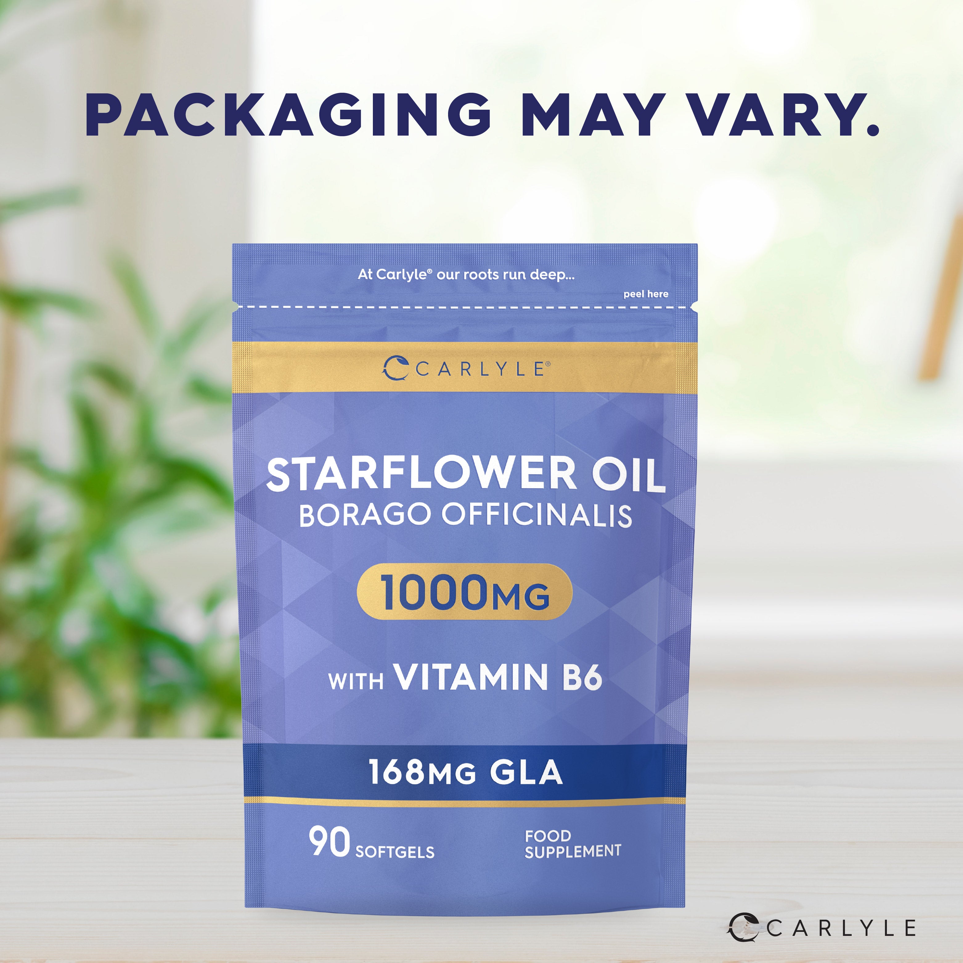 Carlyle Starflower Oil Borago Officinalis 1000MG with Vitamin B6, 168MG GLA, 90 Softgels Food Supplement pouch.