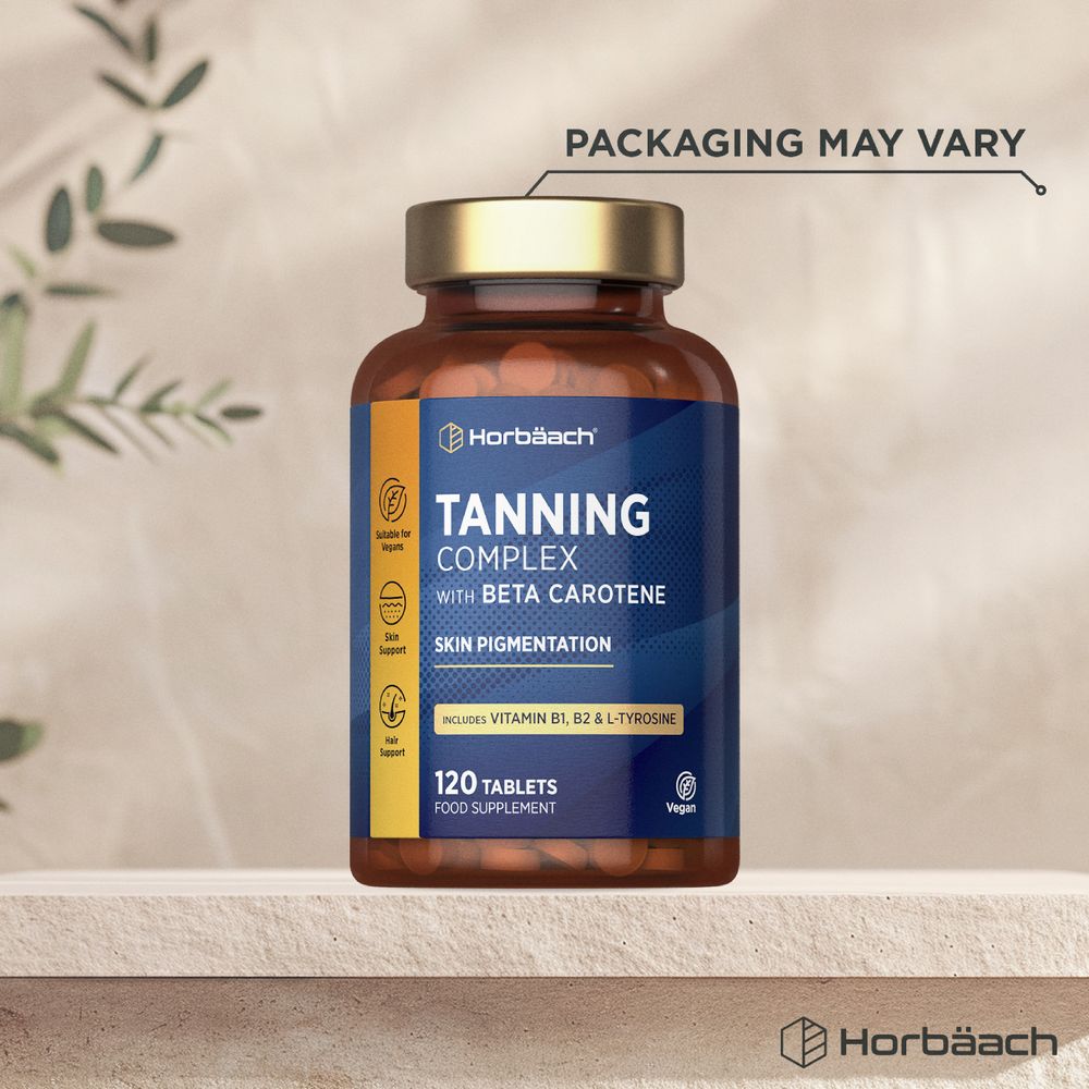 Tanning Complex with Beta Carotene, 120 vegan tablets. Supports skin pigmentation. Contains Vitamin B1, B2 & L-Tyrosine.