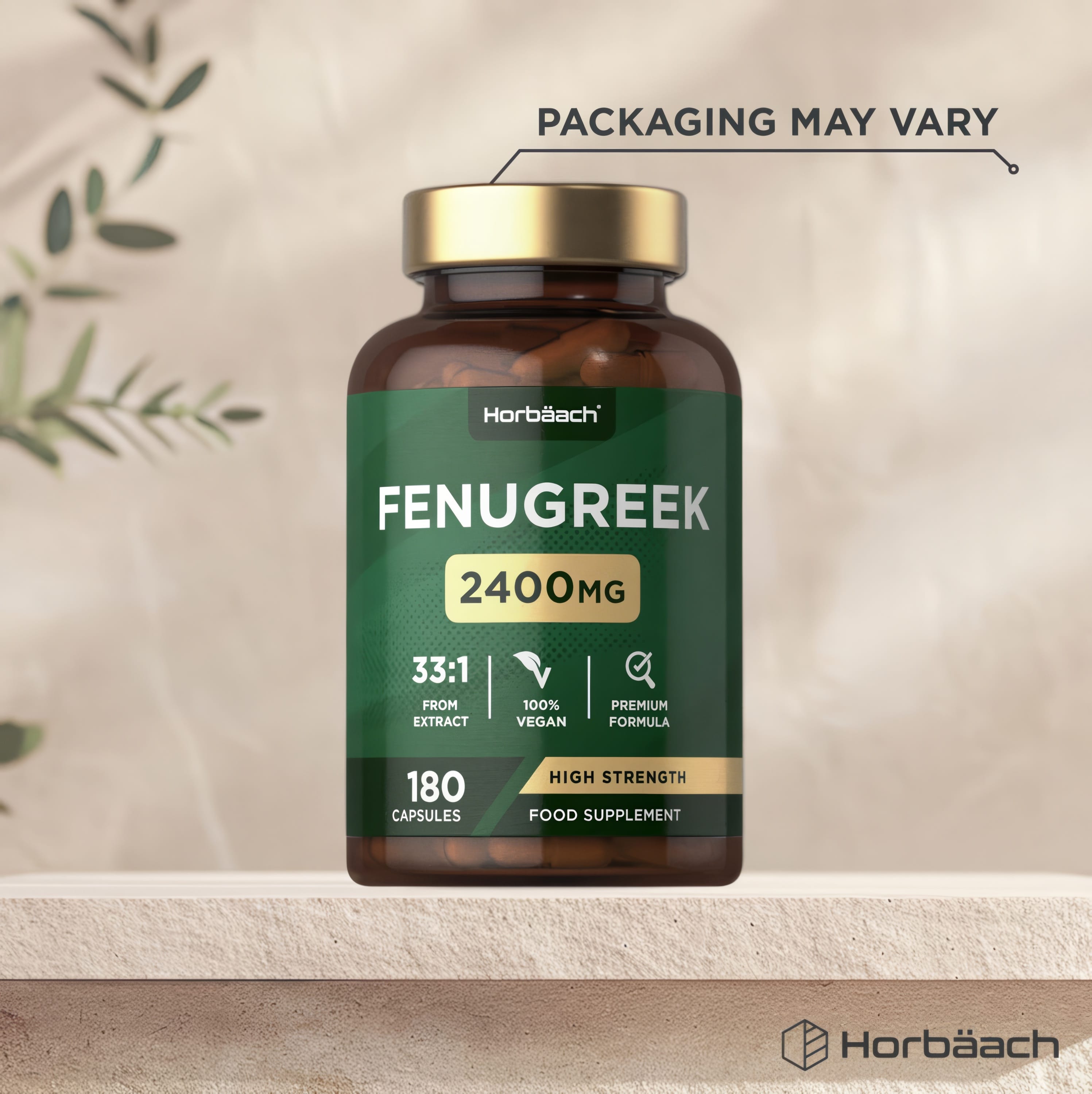 Horbäach Fenugreek 2400mg, 180 Vegan Capsules. High strength supplement made from a 33:1 extract.