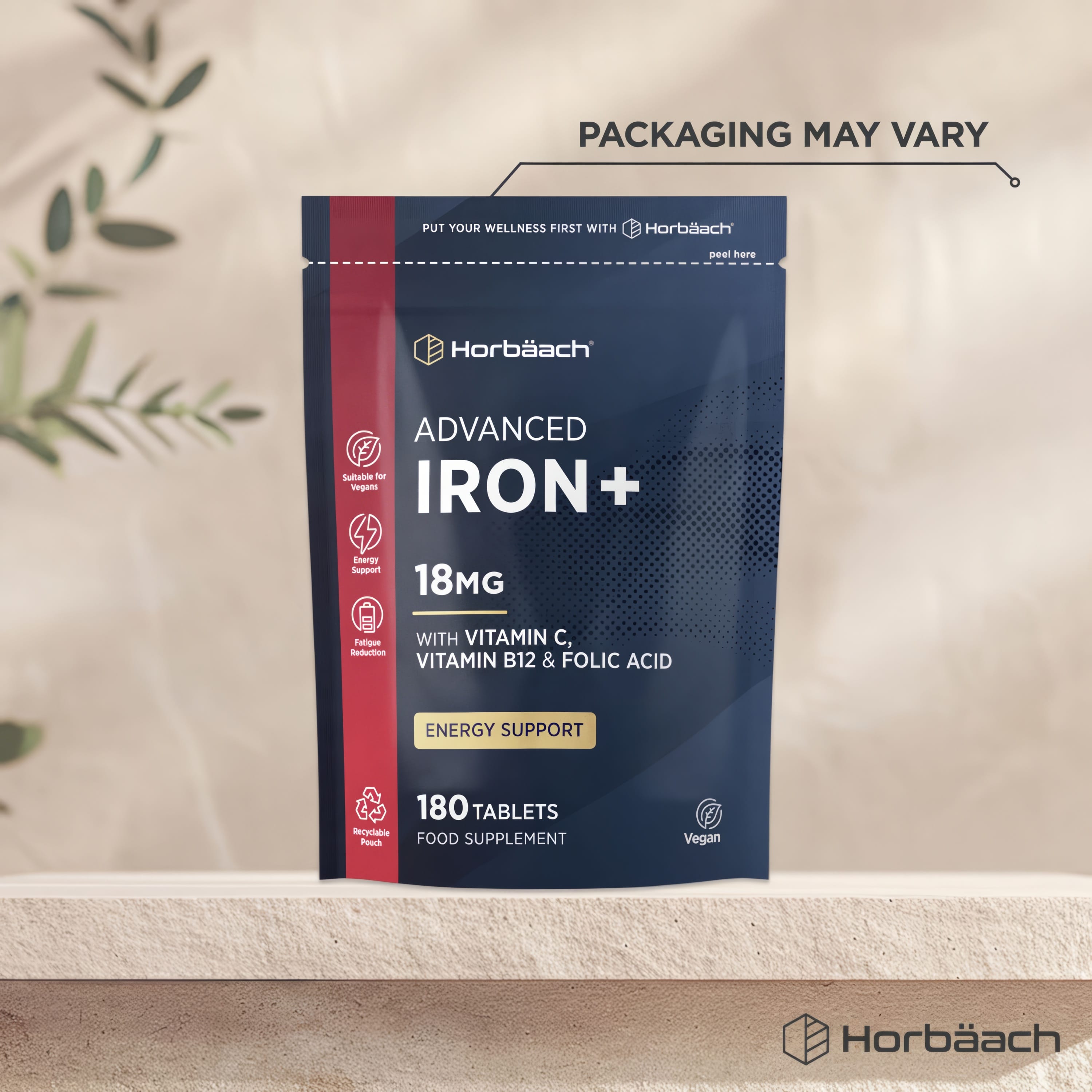 Advanced Iron+ 18MG with Vitamin C, B12, and Folic Acid, 180 Tablets. Vegan food supplement for energy support.