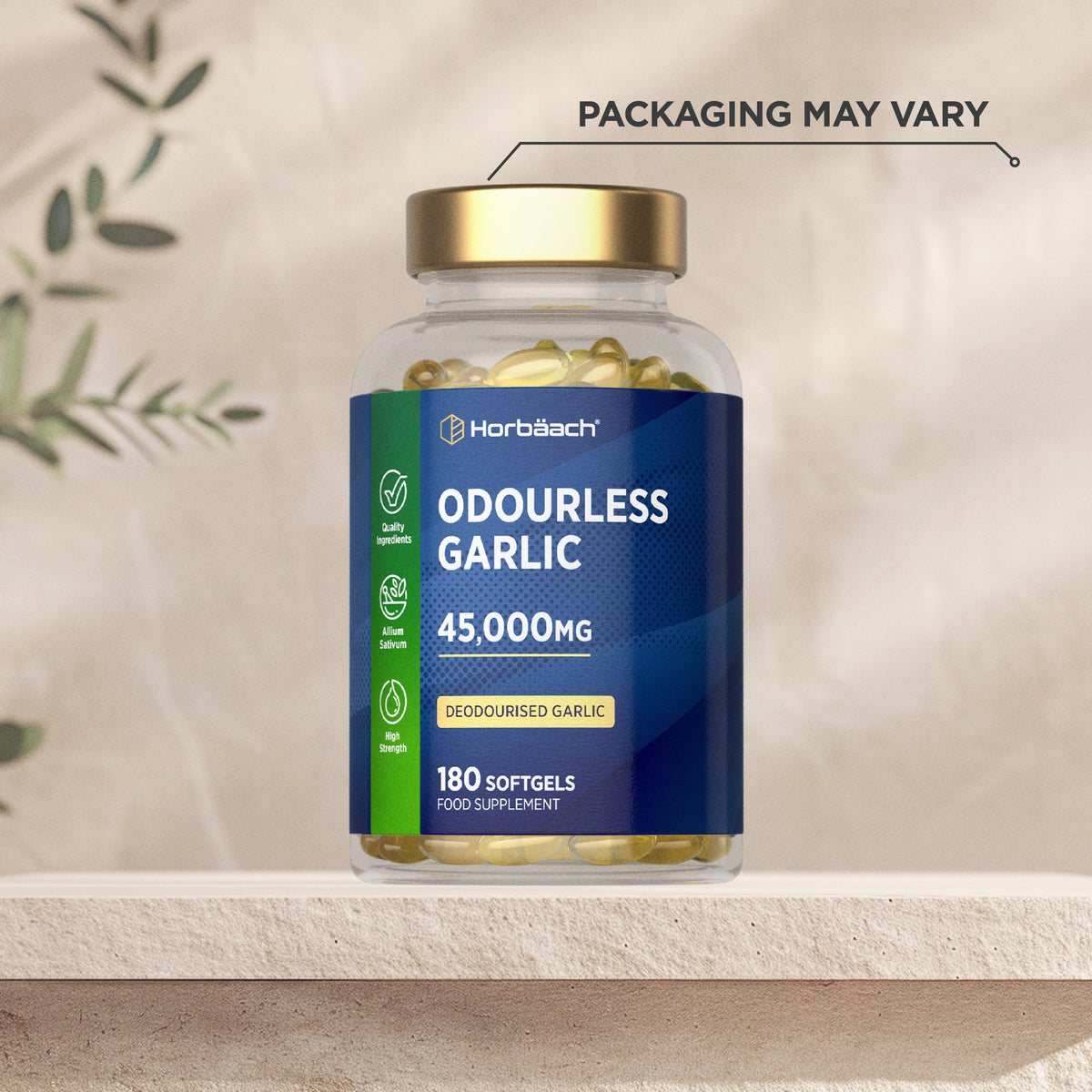 Horbäach Odourless Garlic 45,000MG, 180 Softgels. A deodorized garlic food supplement for daily health.