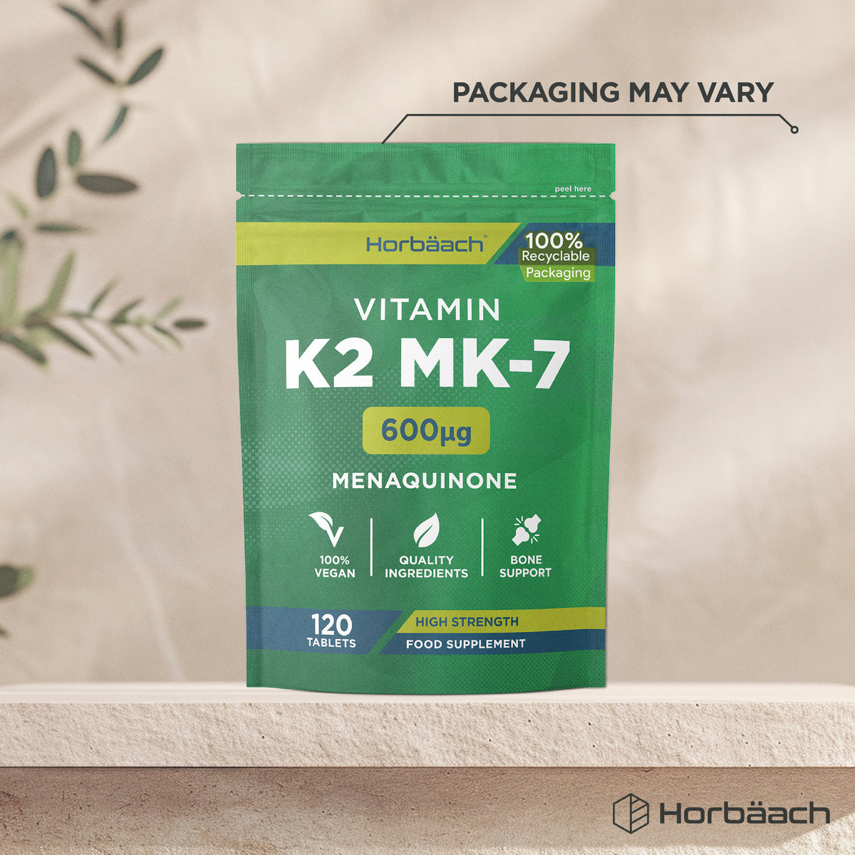 Horbäach Vitamin K2 MK-7 600µg Menaquinone, 120 vegan tablets for bone support with 100% recyclable packaging.