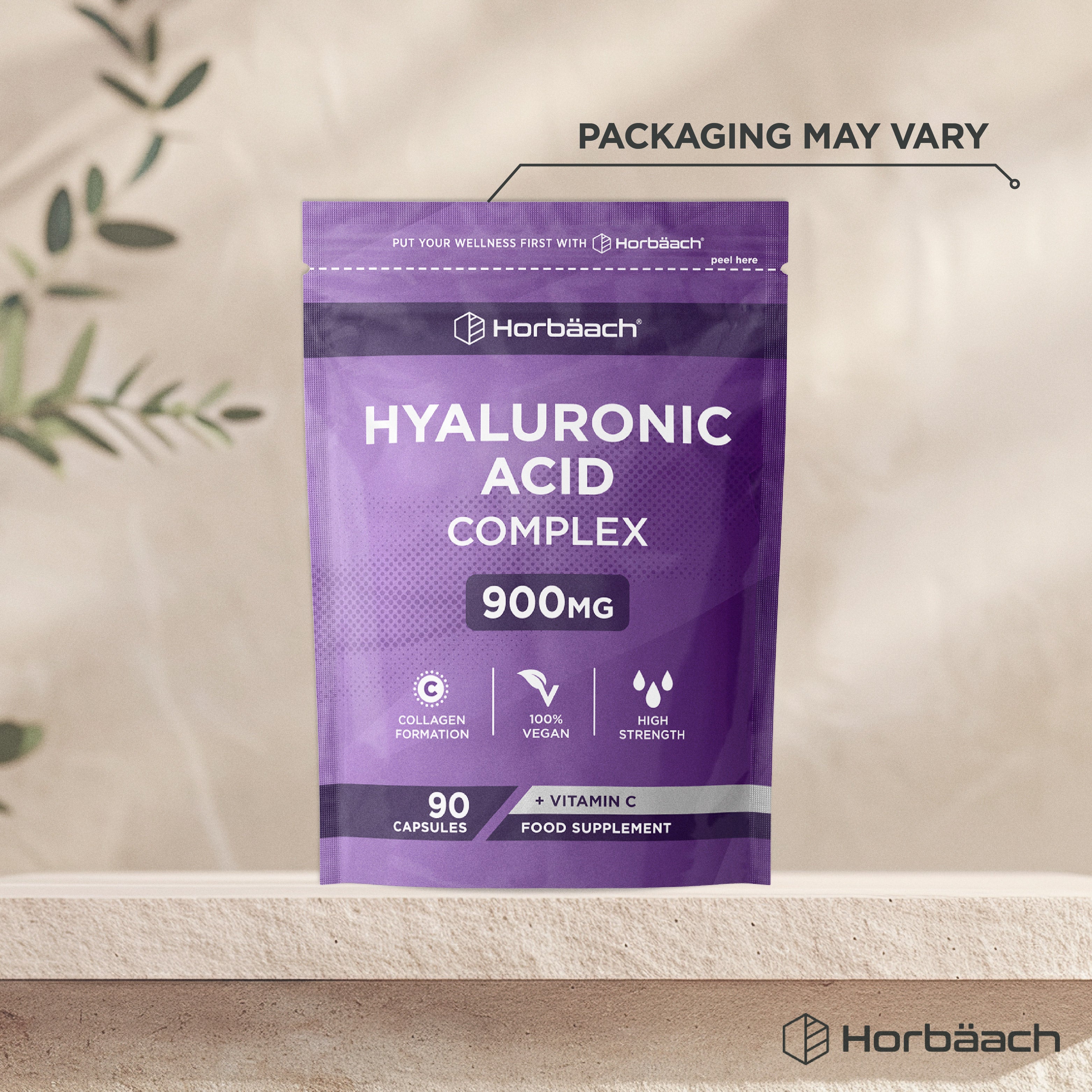 Horbäach Hyaluronic Acid Complex 900mg, 90 Vegan Capsules with Vitamin C for hydration and joint support.