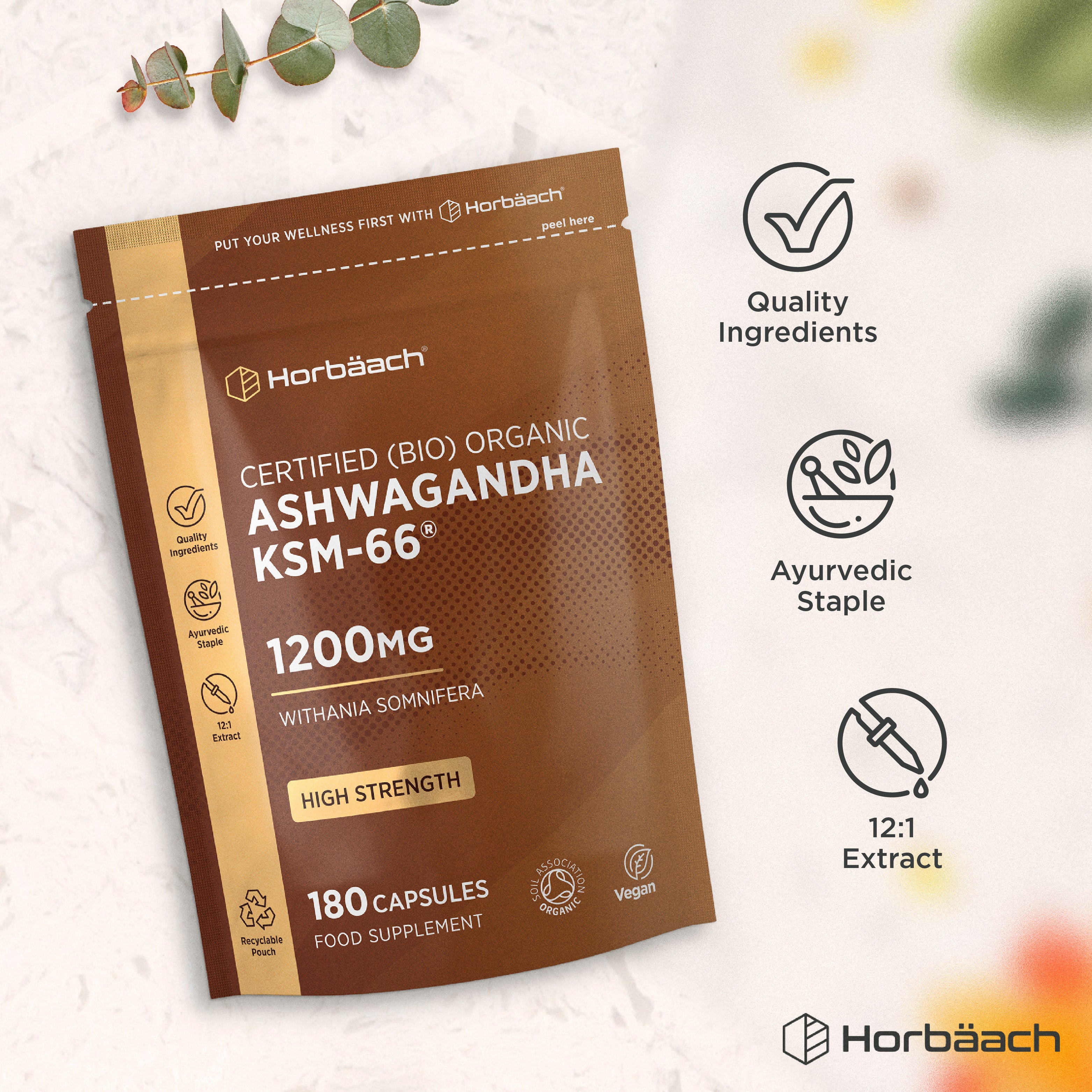 HU KSM66 Organic Ashwagandha 1200mg, 180 Vegan Capsules Food Supplement, High Strength, in a Recyclable Pouch.