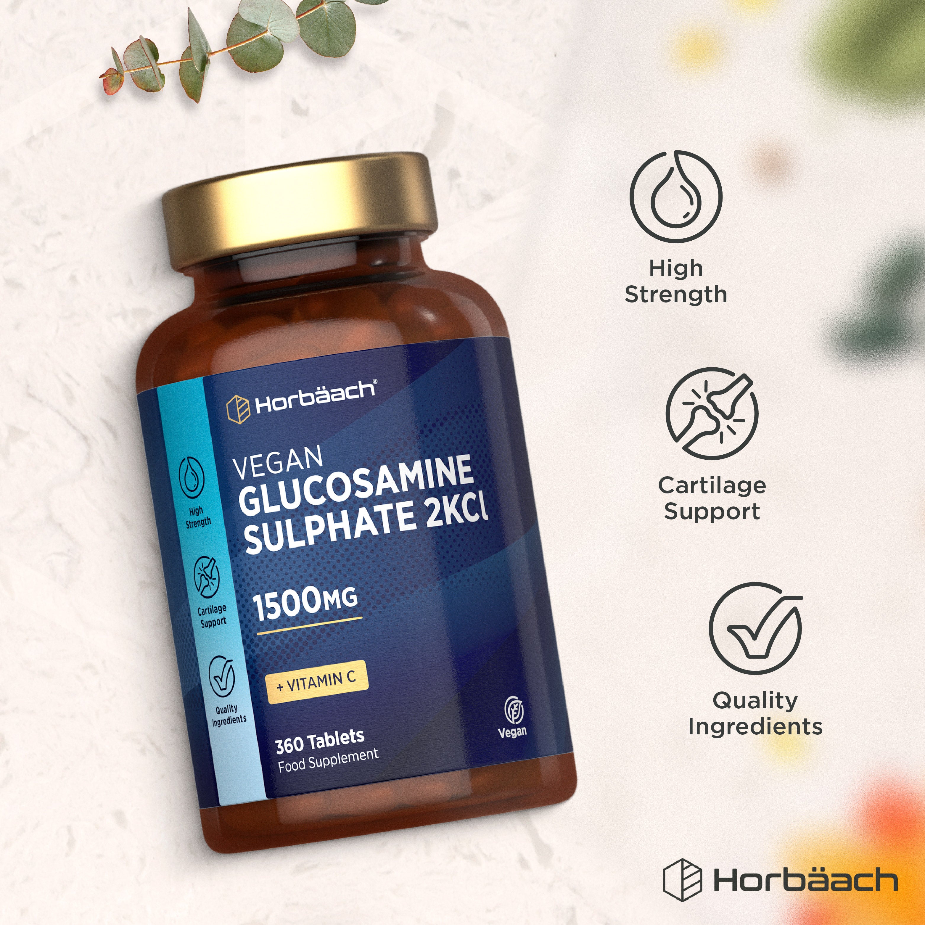Vegan Glucosamine Sulphate 2KCI 1500mg with Vitamin C, 360 Tablets. High strength, cartilage support, quality ingredients.