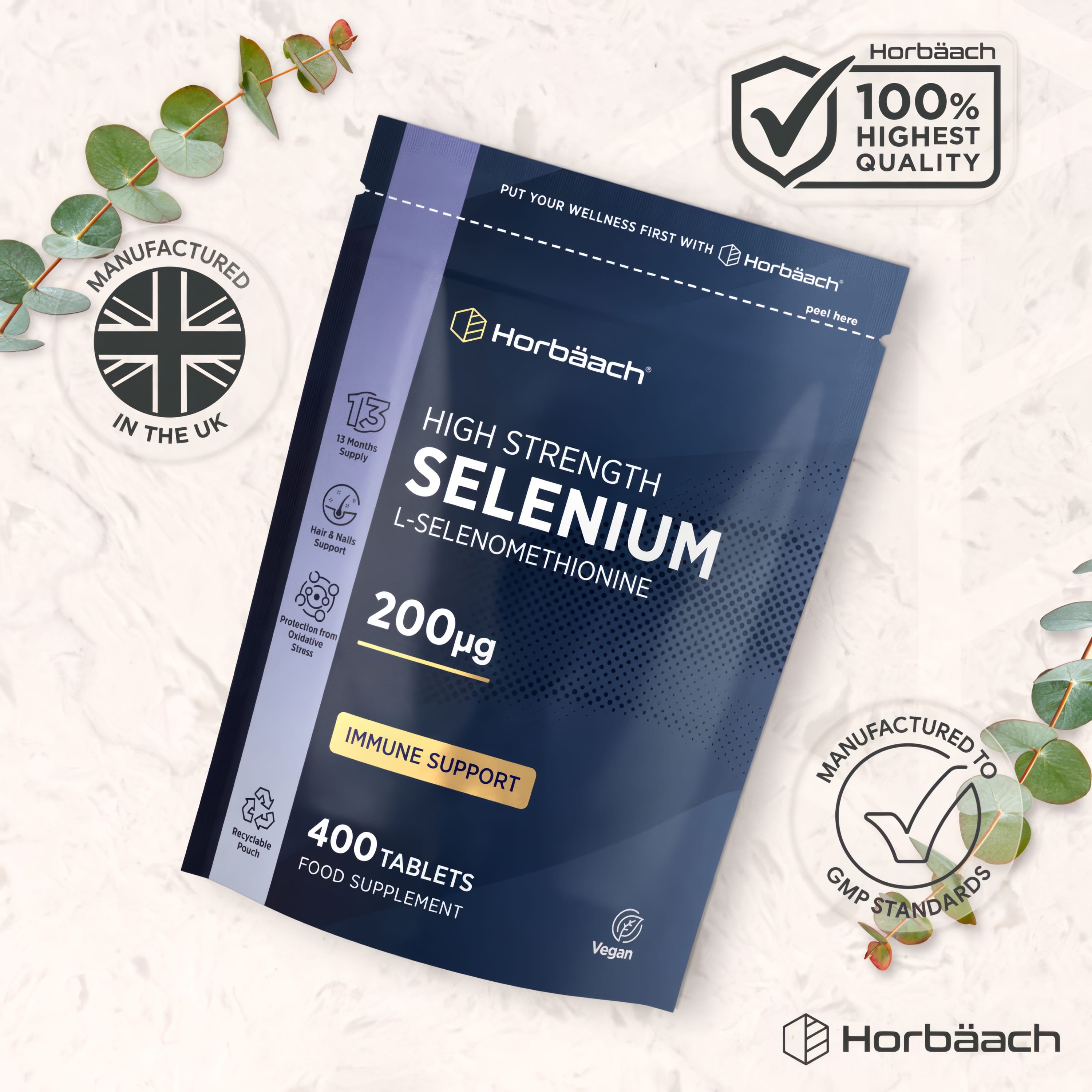Horbäach High Strength Selenium L-Selenomethionine 200µg, 400 Vegan Tablets. Supports immune, hair, and nail health.