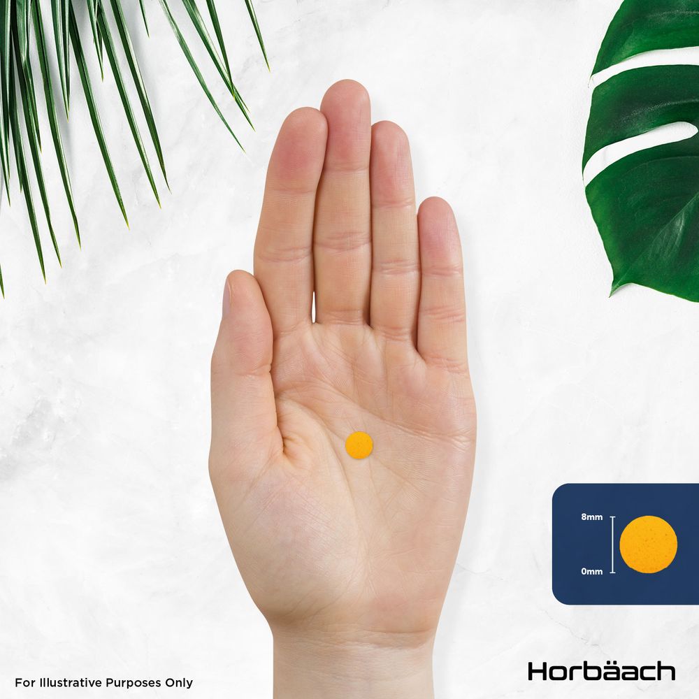 A yellow 8mm tablet is held in a hand, accompanied by a graphic showing the tablet's size.