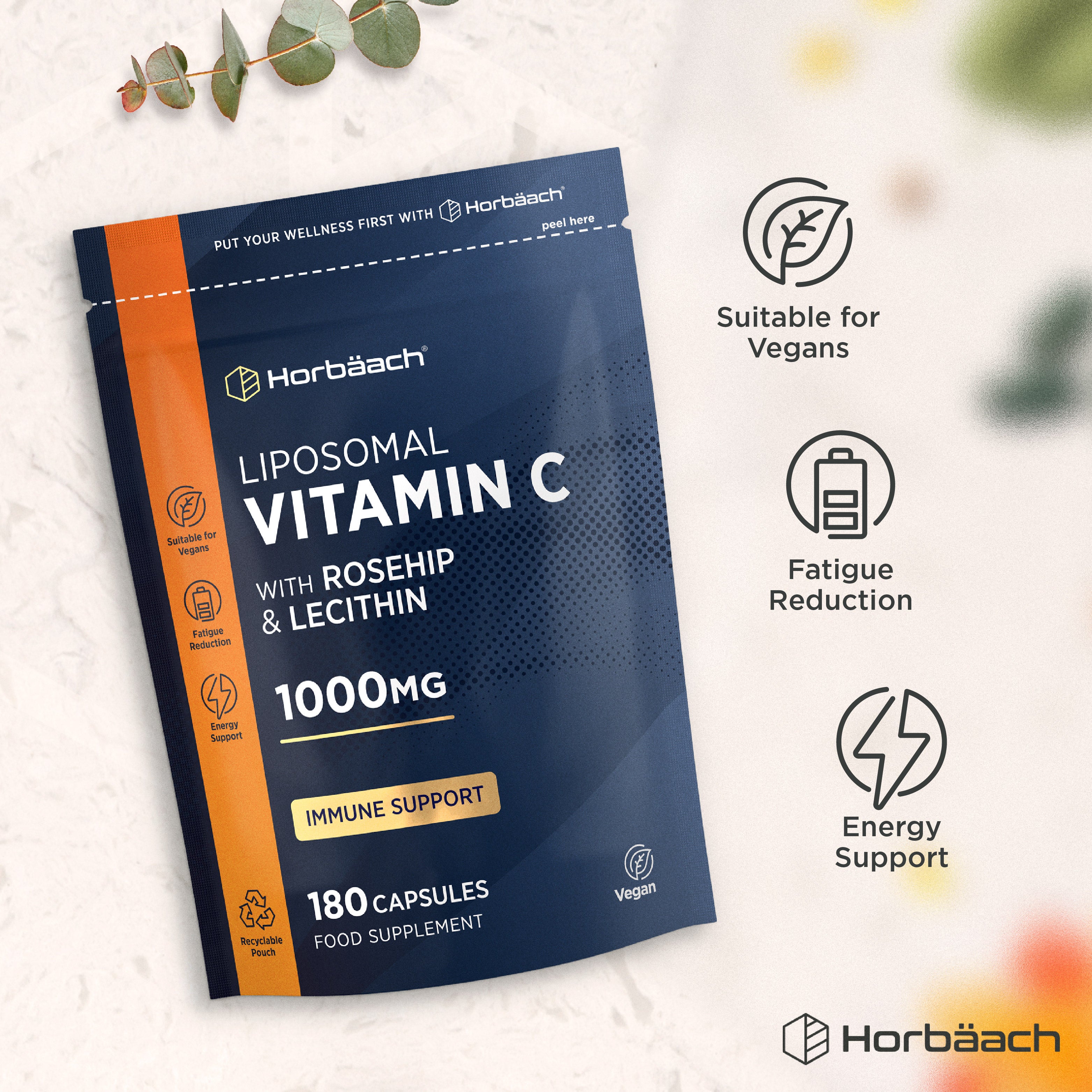 Horbäach Liposomal Vitamin C with Rosehip & Lecithin 1000mg, 180 Capsules Supplement pouch.